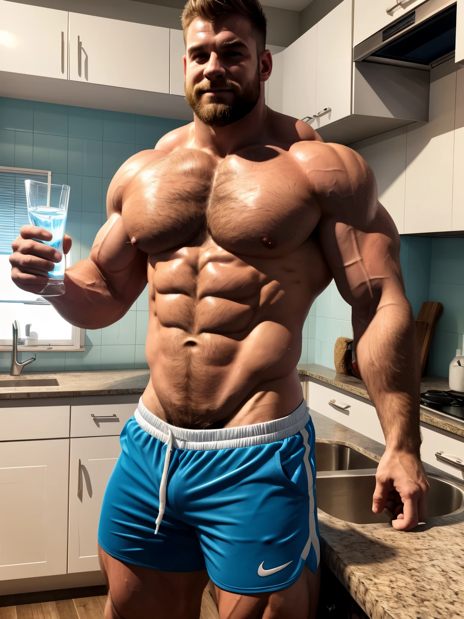 a large, riesiger, massiger, Muscular gay hunk in blue cycling shorts with white stripes on the side, Shirtless stands in a bright kitchen and pours a glass of water on himself, pours water on his upper body, er ist total verschwitzt, he is out of breath, er hat eine haarige brust, hairy body, body hair, he is strongly muscular, massive body, lebendige farben, sweat on his body, water on his body, praller biezeps, lebendiger hintergrund, in the background is a white kitchen