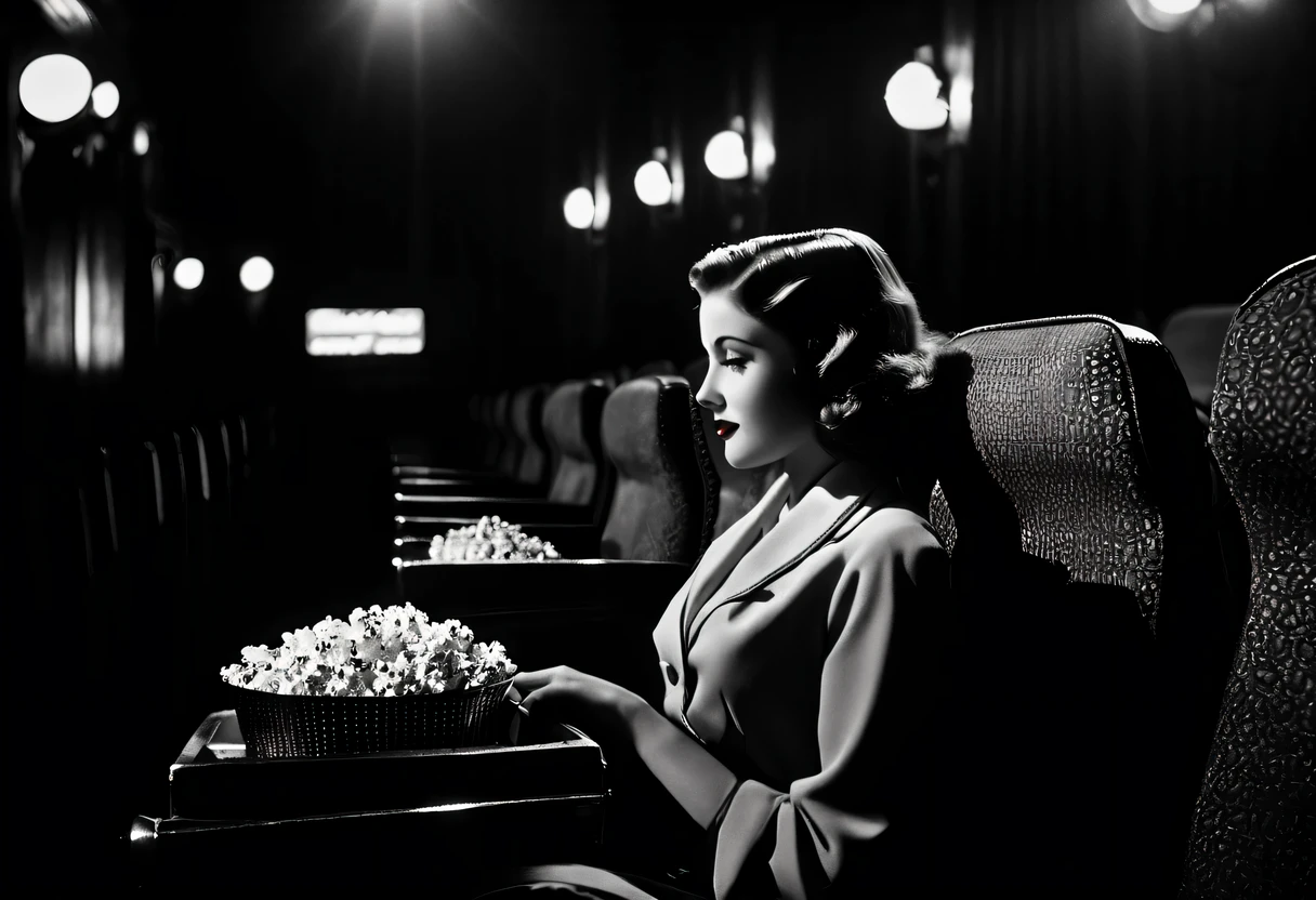 A girl in a vintage cinema, Black and white film, Classic Hollywood, dim, Projector flickers, Vintage red velvet seat, Popcorn, charming movie star, nostalgic atmosphere, grainy texture, film noir style, dramatic lighting, Cinematic atmosphere, Film reel rotation, movie ticket stub, Vintage movie theater signage, retro Popcorn machine, Vintage movie poster, Welcome to the classic uniform, silent film era, iconic dialogue, timeless storytelling, cinematic masterpiece:1.2, Black and white film摄影, retro charm, Old movie projector sound, Classic Movie Marathon, soft-spoken narrator, old movie fare, elegant theater architecture, movie countdown, movie opening subtitles, Dramatic close-ups, classic movie soundtrack.