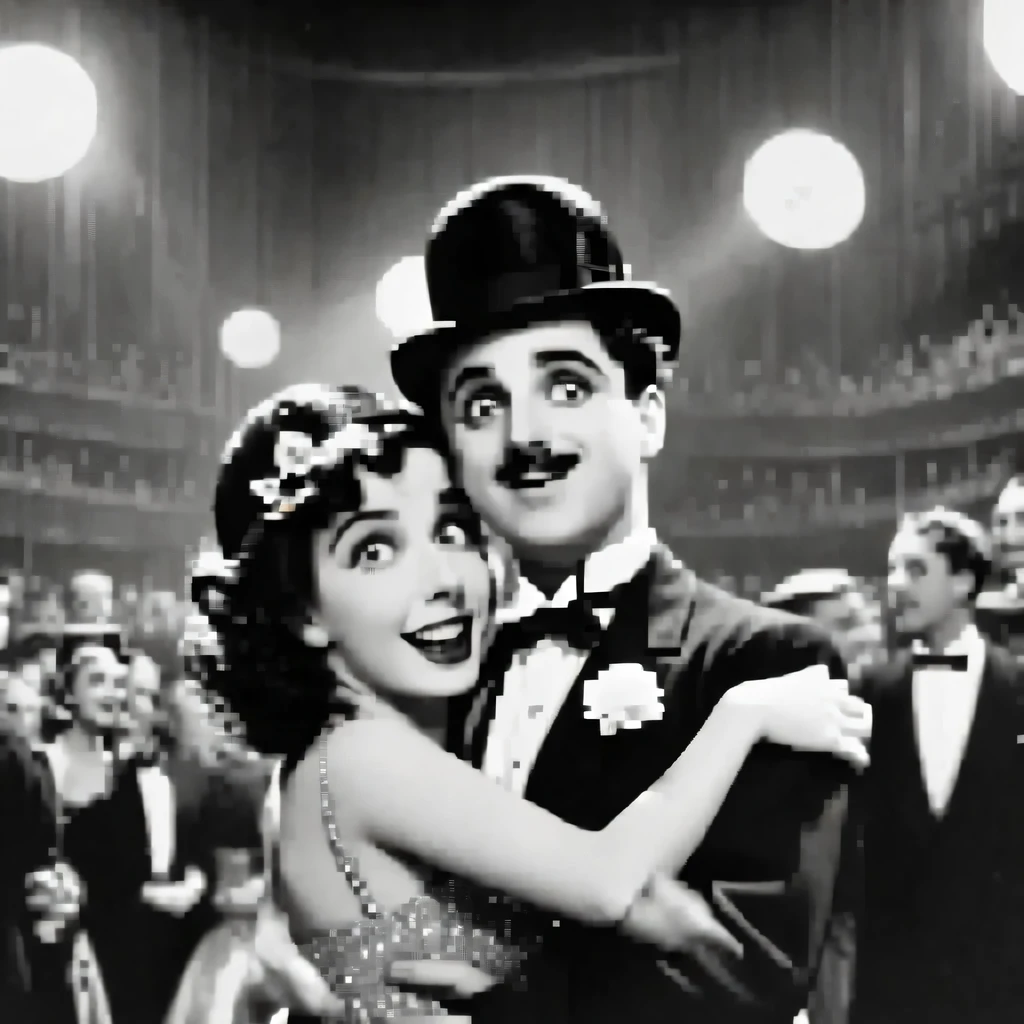 best quality,Super detailed,Old movie style,vintage cinematography,Charming black and white,grainy texture,classic movie scene,masterpiece:1.2,retro,The charm of old Hollywood,iconic silent film era,Charlie chaplin,comedy genius,Farce humor,timeless charm,suspense scene,Captivating musical score,epic storytelling,nostalgic atmosphere,Film reel and projector,flashing spotlight,Background chaos,Dramatic close-ups,movie magic,luminous screen,Fates are intertwined,Romantic encounters,mischievous adventure,Elegant clothing and fine hats,Audience laughter and applause,cinematic masterpiece unfolding.
