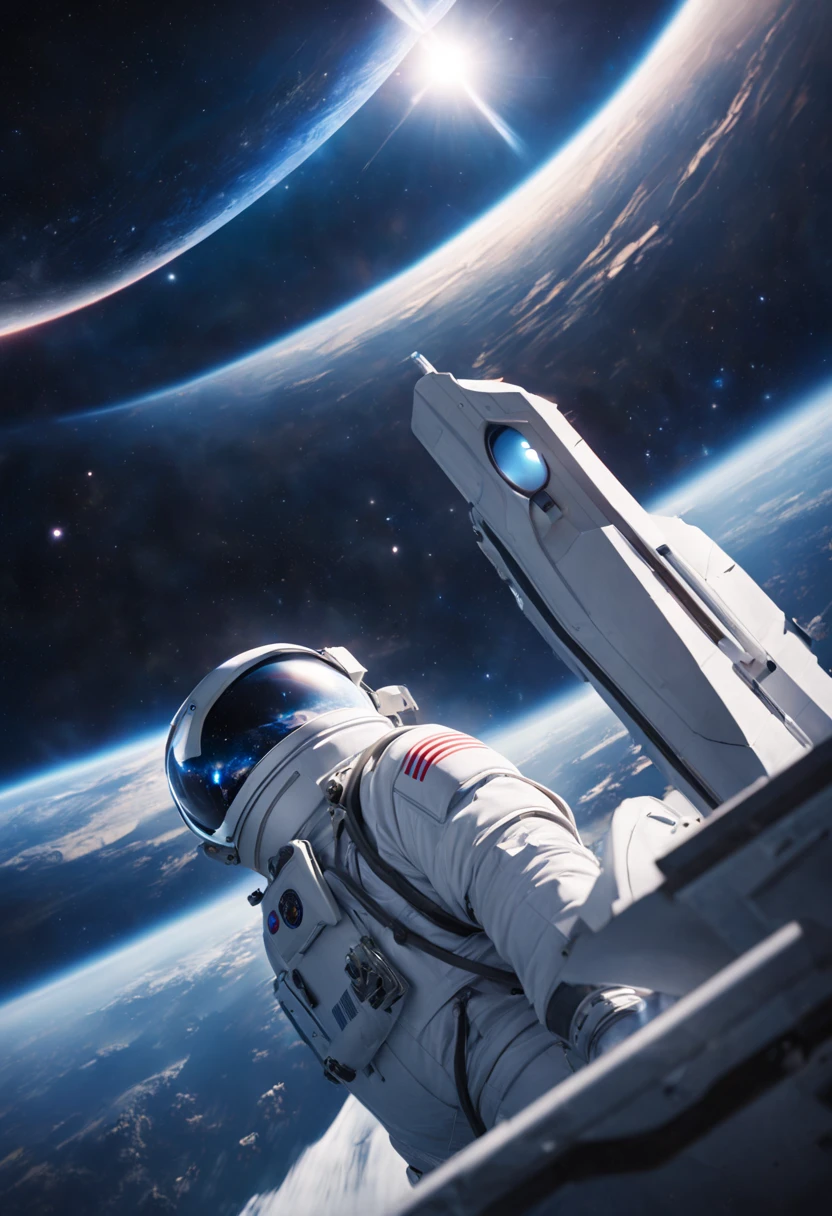 cinematic film still {Retro-futuristic Odyssey: (masterpiece, UHD, CGI, trending on artstation:1.2), lone astronaut, (sleek white spacesuit with blue highlights:1.2), floating before a massive, (orbiting space station:1.1), Earth in the background, vibrant auroras, (retro-futuristic design:1.3), gleaming metal, intricate patterns on the station's hull, sunburst reflecting off visor, deep space, stars twinkling, (nebula:1.1) in the distance, weightlessness captured, dynamic angle, looking over shoulder, (sense of exploration:1.1), vivid colors, high contrast, sense of immense scale} . shallow depth of field, vignette, highly detailed, high budget, bokeh, cinemascope, moody, epic, gorgeous, film grain, grainy