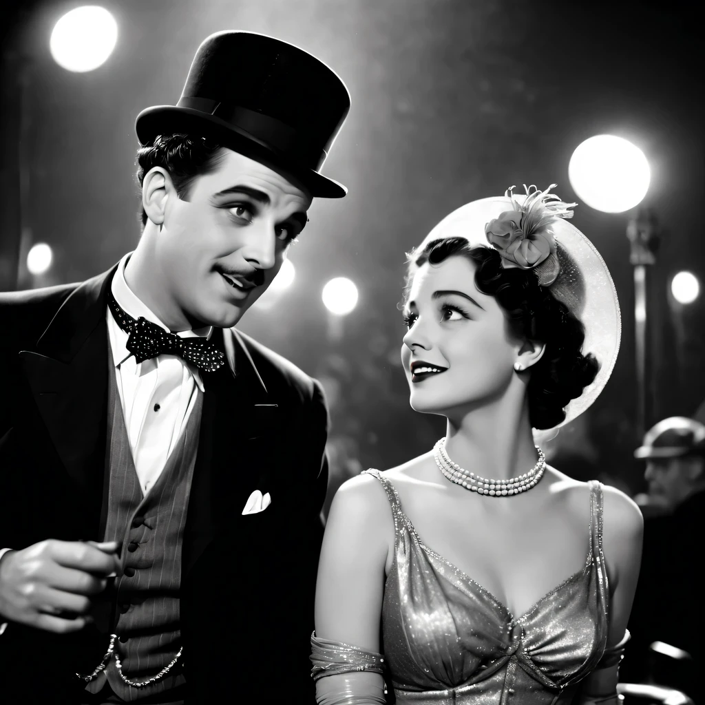 best quality,Super detailed,Old movie style,vintage cinematography,Charming black and white,grainy texture,classic movie scene,masterpiece:1.2,retro,The charm of old Hollywood,iconic silent film era,Charlie chaplin,comedy genius,Farce humor,timeless charm,suspense scene,Captivating musical score,epic storytelling,nostalgic atmosphere,Film reel and projector,flashing spotlight,Background chaos,Dramatic close-ups,movie magic,luminous screen,Fates are intertwined,Romantic encounters,mischievous adventure,Elegant clothing and fine hats,Audience laughter and applause,cinematic masterpiece unfolding.