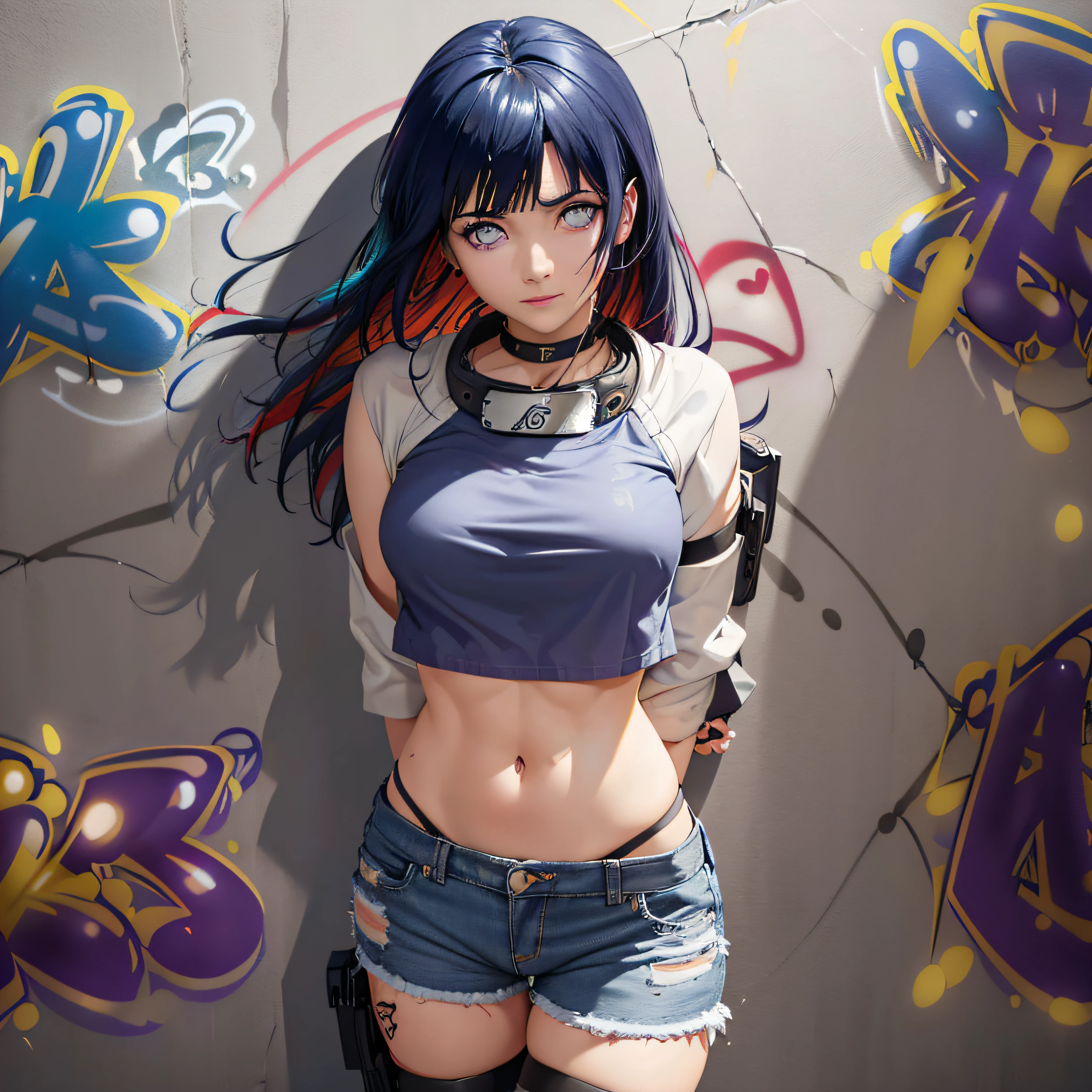 masterpiece, best quality, (extremely detailed CG unity 8k wallpaper, masterpiece, best quality, ultra-detailed, masterpiece, best quality, 1girl, solo, crop top, denim shorts, choker, (graffiti:1.5), paint splatter, arms behind back, against wall, looking at viewer, armband, thigh strap, paint on body, head tilt, bored, multicolored hair, aqua eyes, headset, hinata hyuga , clear eyes,