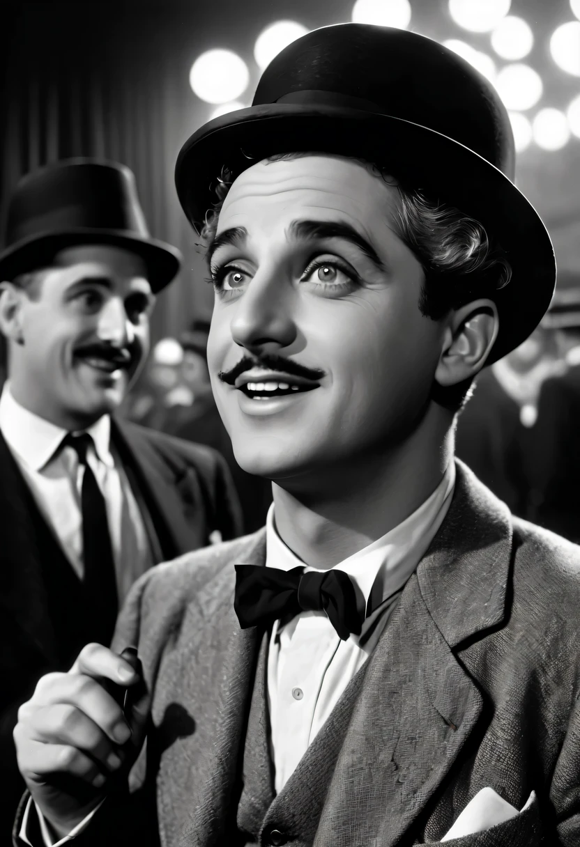 best quality,Super detailed,Old movie style,vintage cinematography,Charming black and white,grainy texture,classic movie scene,masterpiece:1.2,retro,The charm of old Hollywood,iconic silent film era,Charlie chaplin,comedy genius,Farce humor,timeless charm,suspense scene,Captivating musical score,epic storytelling,nostalgic atmosphere,Film reel and projector,flashing spotlight,Background chaos,Dramatic close-ups,movie magic,luminous screen,Fates are intertwined,Romantic encounters,mischievous adventure,Elegant clothing and fine hats,Audience laughter and applause,cinematic masterpiece unfolding.
