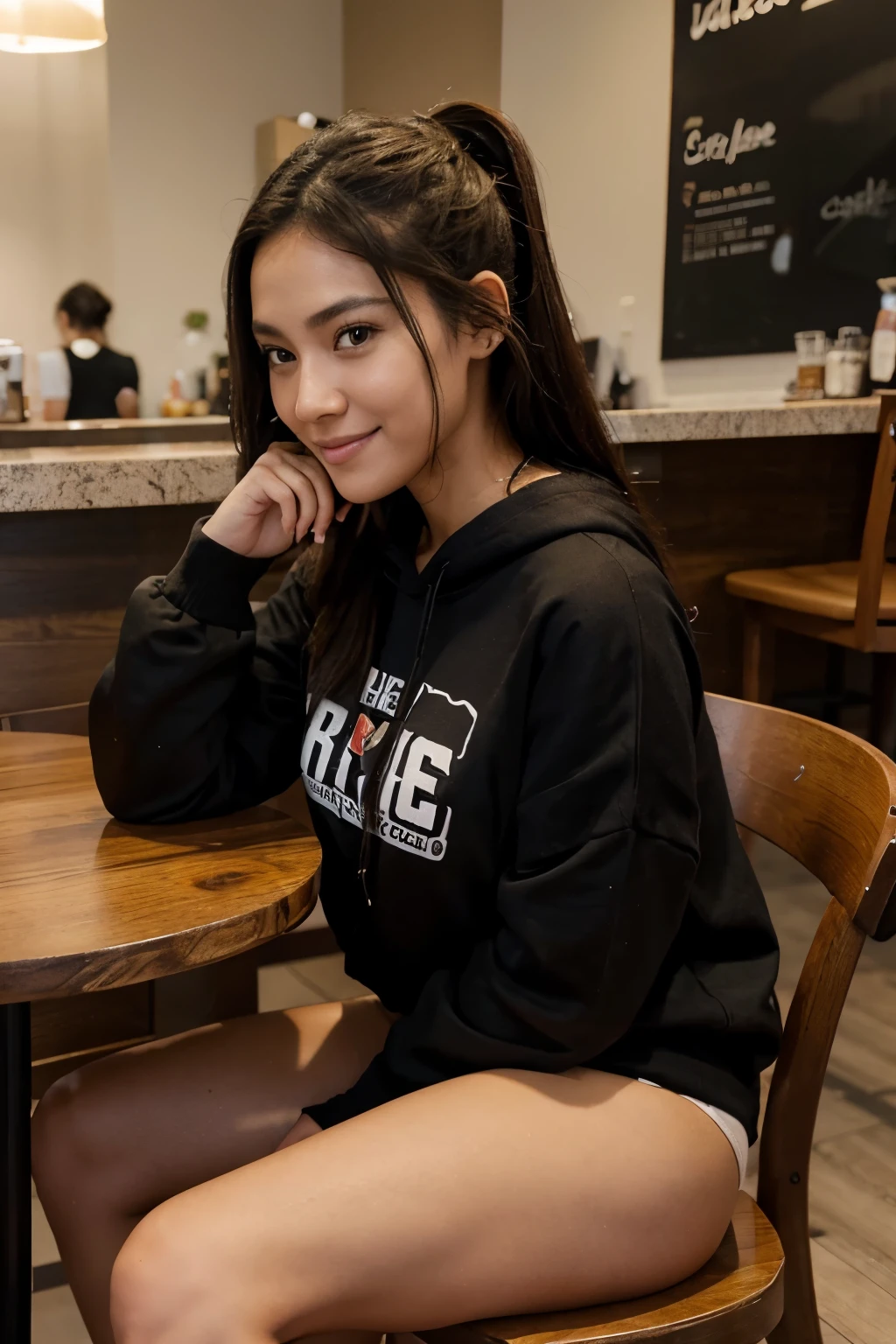 hyper-realistic portrait photo shot of a 28 years old female human being, tanned and beautiful Japanese woman, dark hair, influencer, tanned, dark eyes, no make up, fitness body shape, sitting in a coffee shop, sitting on a chair behind a table, looking down to her coffee cup, smiling, fixing her own hair, cute photo shot, wearing a oversized black hoodie, black leggings, pony tail hair, photo taken by the otherside of the same table, same level,