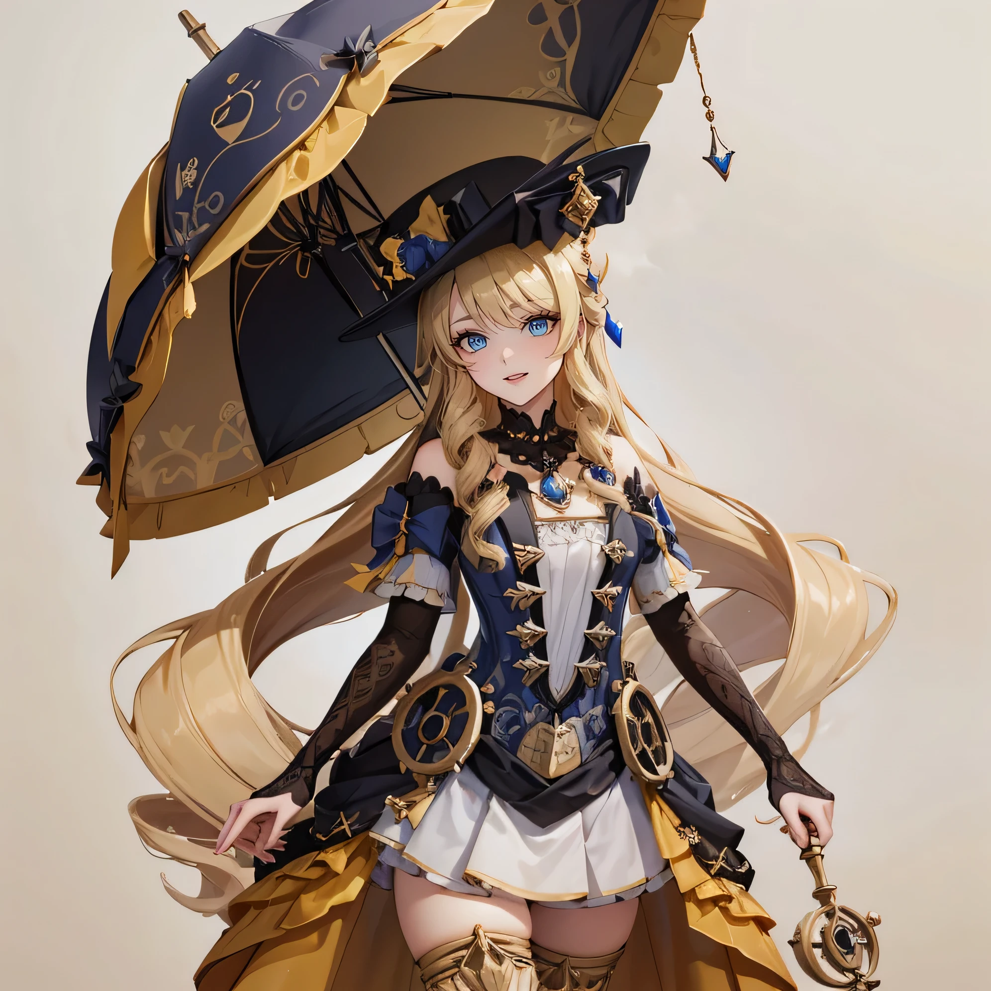 in the style of steampunk, A girl is standing on a ship, holding an umbrella. Beautifully detailed eyes and a kind smile on his face. with beige background. The girl&#39;s gaze is directed at the viewer