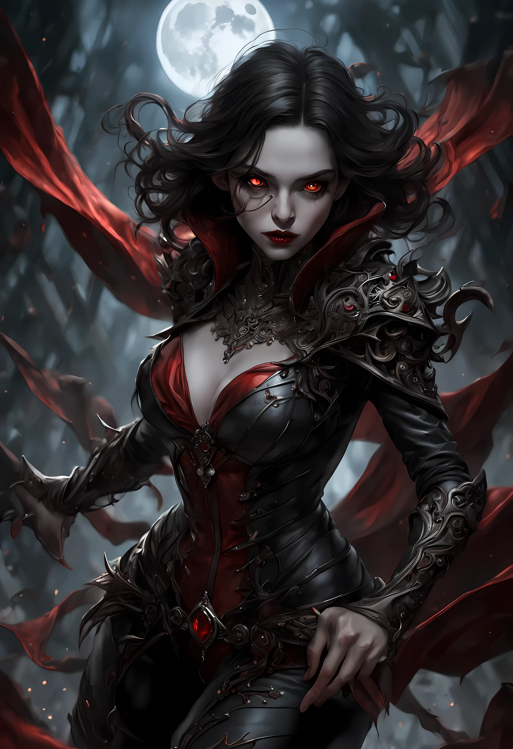 action shot, arafed, dark fantasy art, gothic art, (masterpiece:1.5), full body best details, highly detailed, best quality, highres, NeroV2, full body portrait of a vampire, elf (Masterpiece, best quality, ultra feminine: 1.5)  with a long curvy hair, dark color hair, red eyes (fantasy art, Masterpiece, best quality: 1.3), ((beautiful delicate face)), Ultra Detailed Face (intricate details, fantasy art, Masterpiece, best quality: 1.5), [visible vampiric fangs] (intricate details, fantasy art, Masterpiece, best quality: 1.5), [anatomically correct] red cloak, flowing cloak (intense details, fantasy art, Masterpiece, best quality: 1.3), wearing an intricate leather [white] dress (intricate details, gothic art, Masterpiece, best quality: 1.5), high heeled boots, blood dripping on lips, urban background (intense details, beat details), fantasy, at night light, natural ,moon light, soft moon light, moon rays, clouds, gothic atmosphere, gothic street background, bats flying in background, soft light, dynamic light, [[anatomically correct]], high details, best quality, 16k, [ultra detailed], masterpiece, best quality, (extremely detailed), dynamic angle, ultra wide shot, RAW, photorealistic