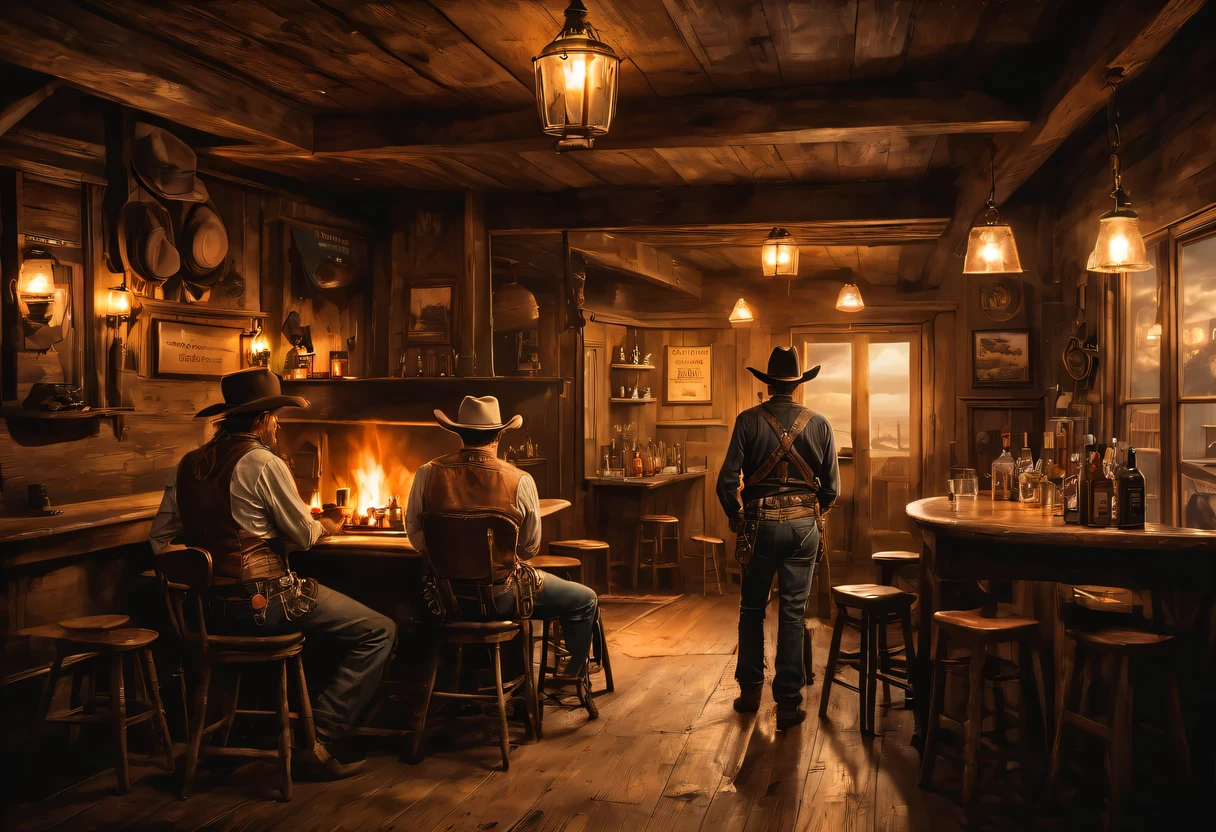 cowboy,cowboys,,rural,Tavern,wild west,old west,nation,旧时的salon,salon,blues music,bar front desk,carriage wheel chandelier,wooden floor,whiskey瓶,dusty atmosphere,flue gas,Lively laughter,swing door,whiskey,Bar stools,piano playing,saddle,western clothes,cowboy hat,cowboy boots,scarf,Leather Vest,horse riding,lasso,revolver,cowboy culture,adventurous spirit,bumpy,Sheriff,deserted street,cactus,rundown buildings,spittoon,dark corner,Card game,straw floor,moonlight sky,stagnant night, tumbleweed,rugged charm,daring escapades,frontier life,old time charm,retro charm,nostalgic atmosphere,rugged landscape,Warm sunset,soothing campfire,silhouette of cowboys at twilight,Majestic horse,stunning sunrise,extinguished campfire,Wild West Authenticity,suspenseful atmosphere,strong contrast,Pastel tones,Vintage film grain,romanticized imagery,Mysterious shadows,dimly lit interior,Vibrant and saturated colors,Variation of warm and cool colors,soft warm light,Contrast highlights and shadows,Soft and diffuse light,rich texture,layered brushstrokes,Depth and size,Attention to detail,hyper-realistic depiction.
