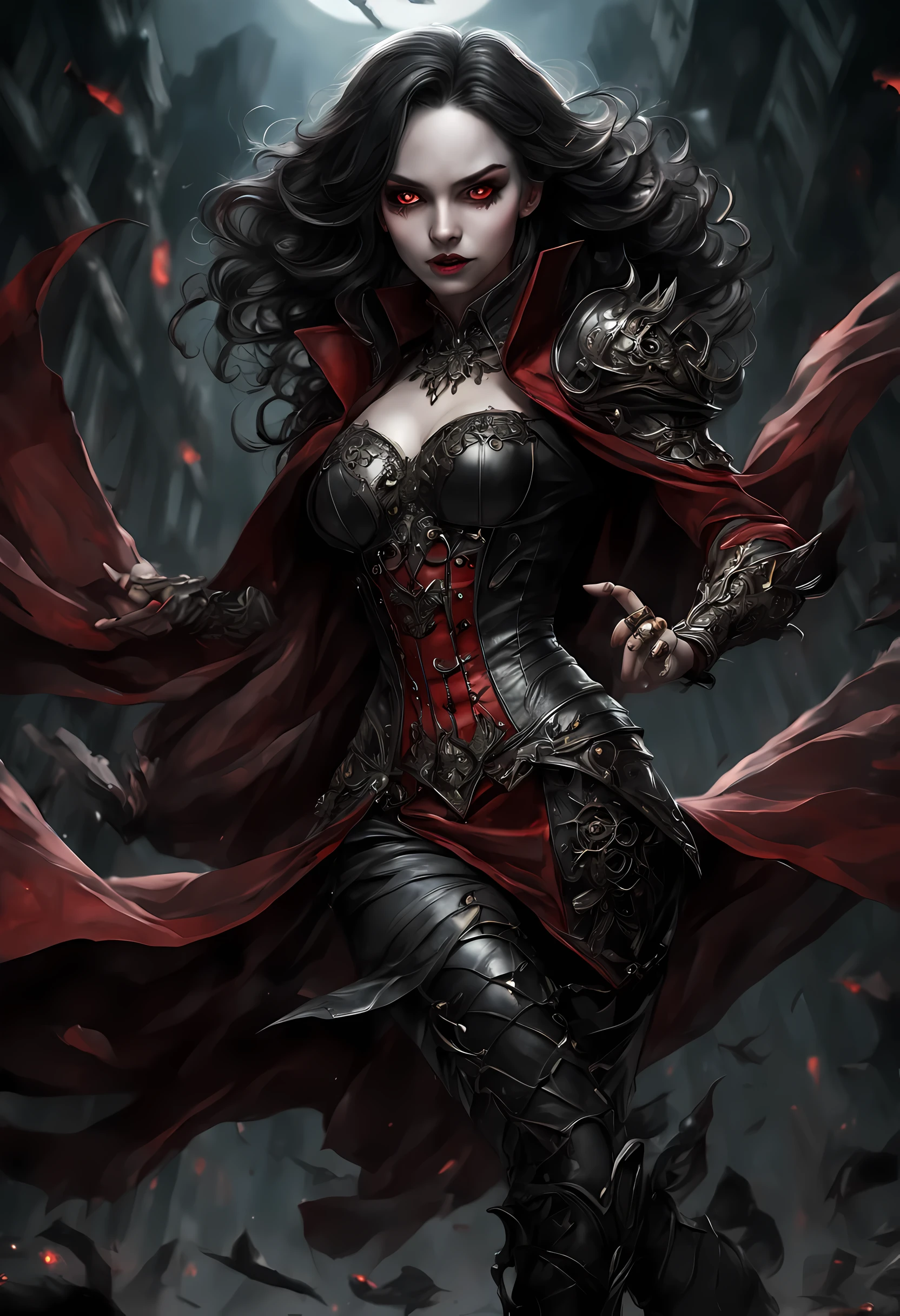 action shot, arafed, dark fantasy art, gothic art, (masterpiece:1.5), full body best details, highly detailed, best quality, highres, NeroV2, full body portrait of a vampire, elf (Masterpiece, best quality, ultra feminine: 1.5)  with a long curvy hair, dark color hair, red eyes (fantasy art, Masterpiece, best quality: 1.3), ((beautiful delicate face)), Ultra Detailed Face (intricate details, fantasy art, Masterpiece, best quality: 1.5), [visible vampiric fangs] (intricate details, fantasy art, Masterpiece, best quality: 1.5), [anatomically correct] red cloak, flowing cloak (intense details, fantasy art, Masterpiece, best quality: 1.3), wearing an intricate leather [white] dress (intricate details, gothic art, Masterpiece, best quality: 1.5), high heeled boots, blood dripping on lips, urban background (intense details, beat details), fantasy, at night light, natural ,moon light, soft moon light, moon rays, clouds, gothic atmosphere, gothic street background, bats flying in background, soft light, dynamic light, [[anatomically correct]], high details, best quality, 16k, [ultra detailed], masterpiece, best quality, (extremely detailed), dynamic angle, ultra wide shot, RAW, photorealistic