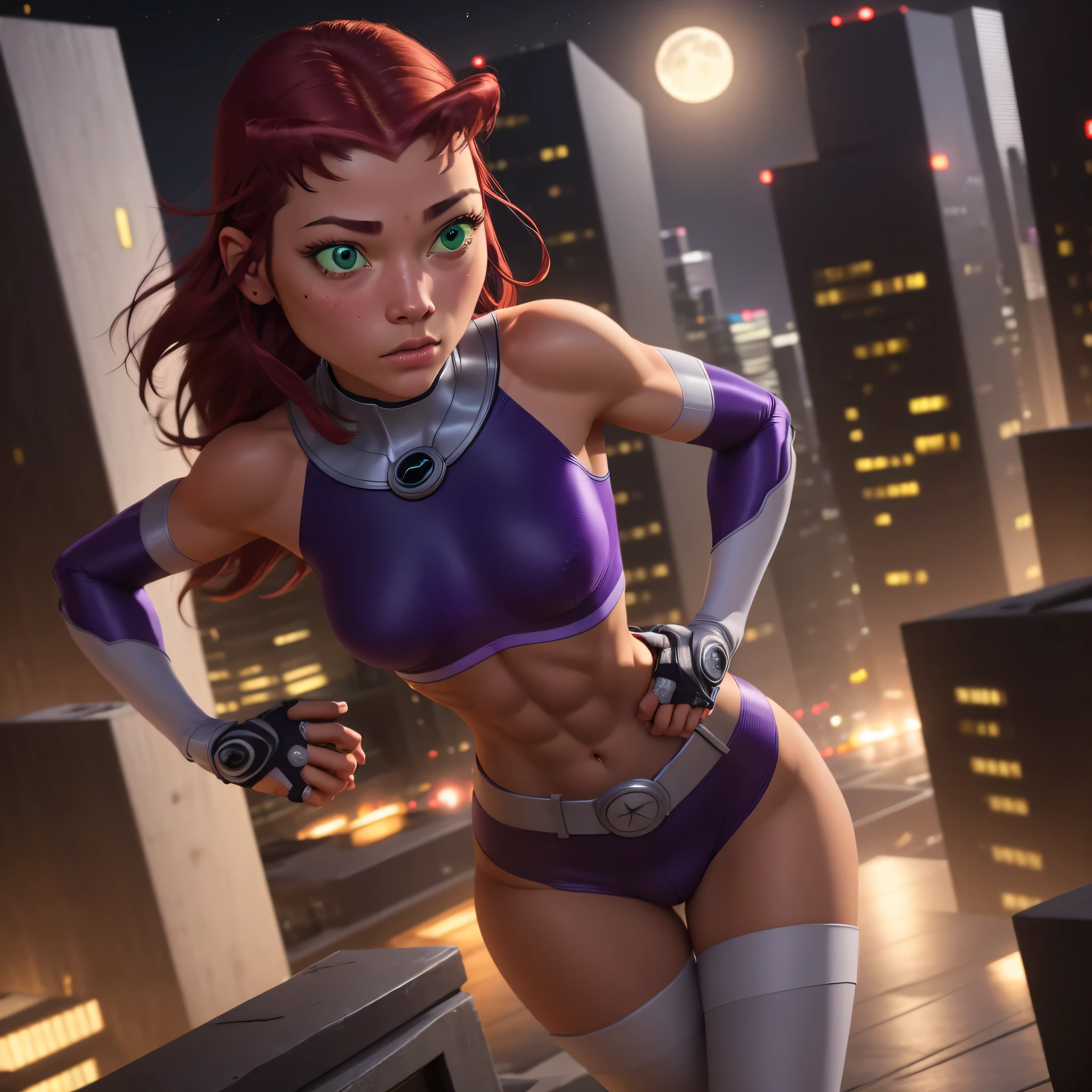 Starfire-Teen Titans, orange skin, solo, red hair, gloves, 1girl, action shot, girl focus, boots, belt, abs, skin tight, hands on hips, realistic, superhero, spandex, (bodysuit), green eyes, detailed eyes, city, night, moon, ultra realistic,32k,RAW photo,(high detailed skin:1.2), 8k uhd, dslr, soft lighting, high quality, film grain, photo-realistic, octane render, unreal engine, ultra-realistic