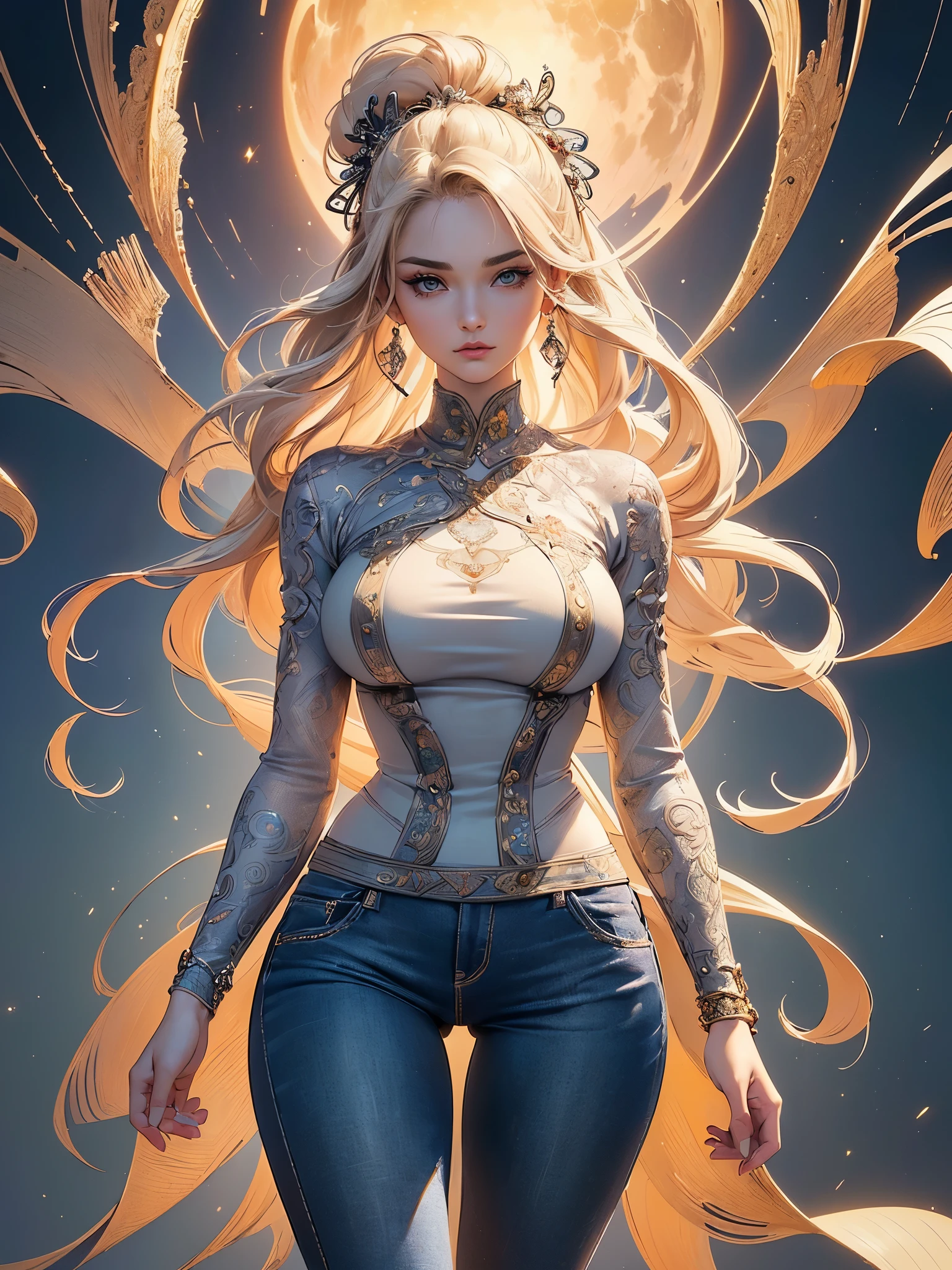 ((highest quality)),(ultra high resolution),(Super detailed),(detailed description),((best CG)),(best work of art),super precision art,amazing drawing art,(Fashion art with precise details:1.5), (1 woman:1.7),(beautiful and well-shaped face:1.5), She is wearing a coat over her shoulder.、knit sweater、I&#39;m wearing jeans and walking through the city where the wind blows.。