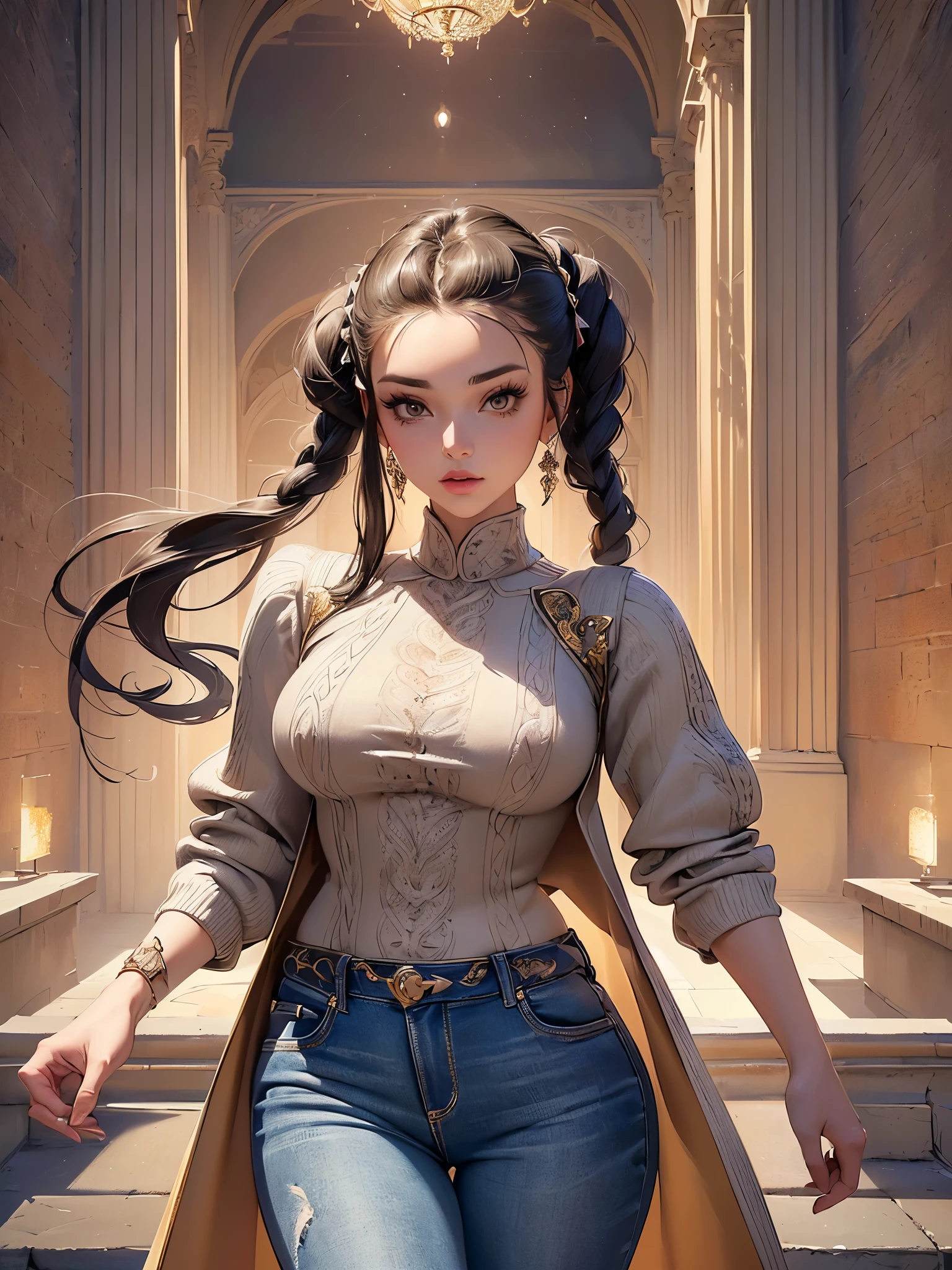 ((highest quality)),(ultra high resolution),(Super detailed),(detailed description),((best CG)),(best work of art),super precision art,amazing drawing art,(Fashion art with precise details:1.5), (1 woman:1.7),(beautiful and well-shaped face:1.5), She is wearing a coat over her shoulder.、knit sweater、I'm wearing jeans and walking through the city where the wind blows.。