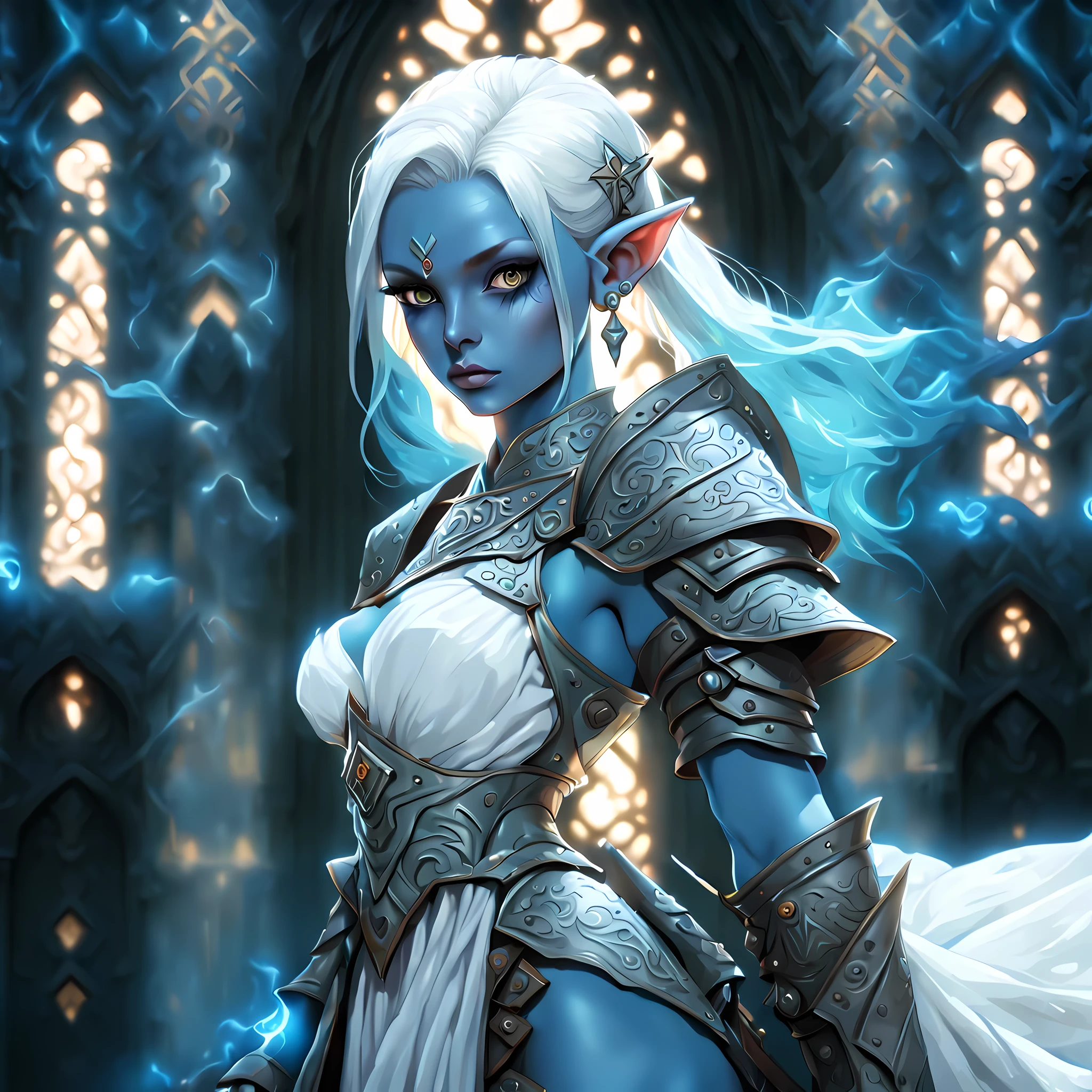 fantasy art, dnd art, RPG art, wide shot, (masterpiece: 1.4) a (portrait: 1.3) intense details, highly detailed, photorealistic, best quality, highres, portrait a female (fantasy art, Masterpiece, best quality: 1.3) ((blue skin: 1.5)), intense details facial details, exquisite beauty, (fantasy art, Masterpiece, best quality) cleric, (blue: 1.3) skinned female, (white hair: 1.3), bald head (green: 1.3) eye, fantasy art, Masterpiece, best quality) armed a fiery sword red fire, wearing heavy (white: 1.3) half plate mail armor, wearing high heeled laced boots, wearing an(orange :1.3) cloak, wearing glowing holy symbol GlowingRunes_yellow, within fantasy temple background, action shot reflection light, high details, best quality, 16k, [ultra detailed], masterpiece, best quality, (extremely detailed), close up, ultra wide shot, photorealistic, RAW, fantasy art, dnd art, fantasy art, realistic art,((best quality)), ((masterpiece)), (detailed), perfect face, ((no ears: 1.6))