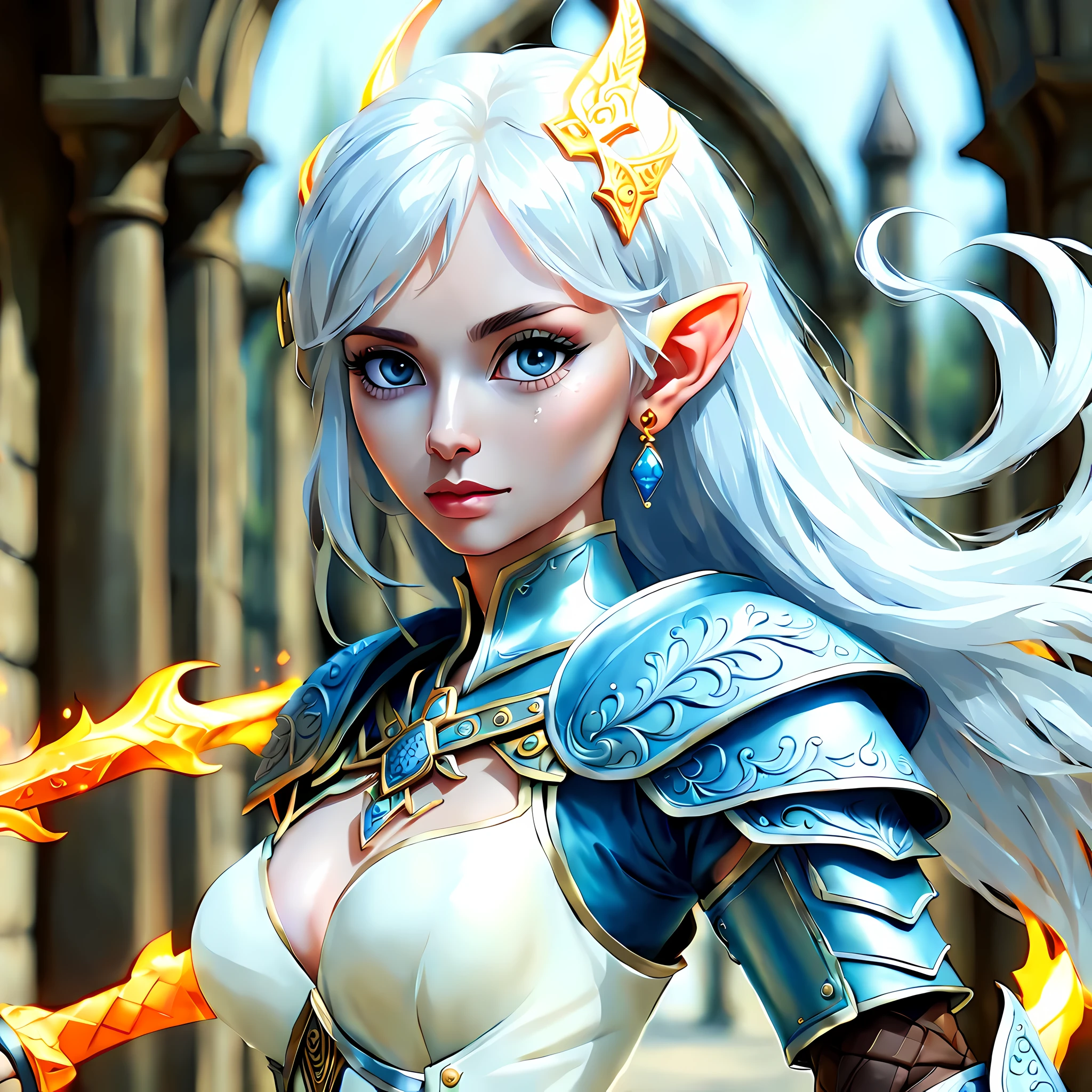 fantasy art, dnd art, RPG art, wide shot, (masterpiece: 1.4) a (portrait: 1.3) intense details, highly detailed, photorealistic, best quality, highres, portrait a female (fantasy art, Masterpiece, best quality: 1.3) ((blue skin: 1.5)), intense details facial details, exquisite beauty, (fantasy art, Masterpiece, best quality) cleric, (blue: 1.3) skinned female, (white hair: 1.3), bald head (green: 1.3) eye, fantasy art, Masterpiece, best quality) armed a fiery sword red fire, wearing heavy (white: 1.3) half plate mail armor, wearing high heeled laced boots, wearing an(orange :1.3) cloak, wearing glowing holy symbol GlowingRunes_yellow, within fantasy temple background, action shot reflection light, high details, best quality, 16k, [ultra detailed], masterpiece, best quality, (extremely detailed), close up, ultra wide shot, photorealistic, RAW, fantasy art, dnd art, fantasy art, realistic art,((best quality)), ((masterpiece)), (detailed), perfect face, ((no ears: 1.6))