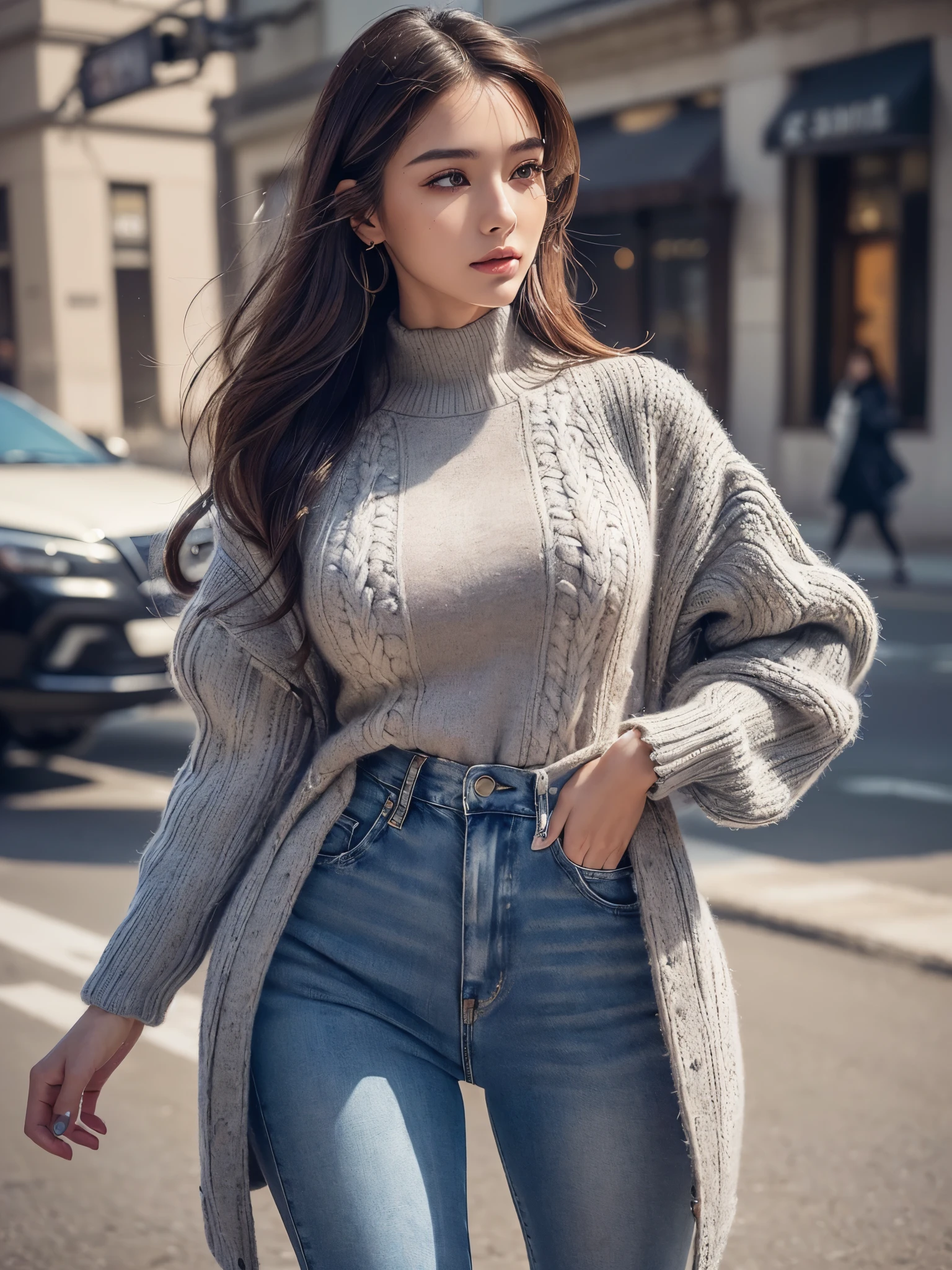 ((highest quality)),(ultra high resolution),(Super detailed),(detailed description),((best CG)),(best work of art),super precision art,amazing drawing art,(Fashion art with precise details:1.5), (1 woman:1.7),(beautiful and well-shaped face:1.5), She is wearing a coat over her shoulder.、knit sweater、I'm wearing jeans and walking through the city where the wind blows.。