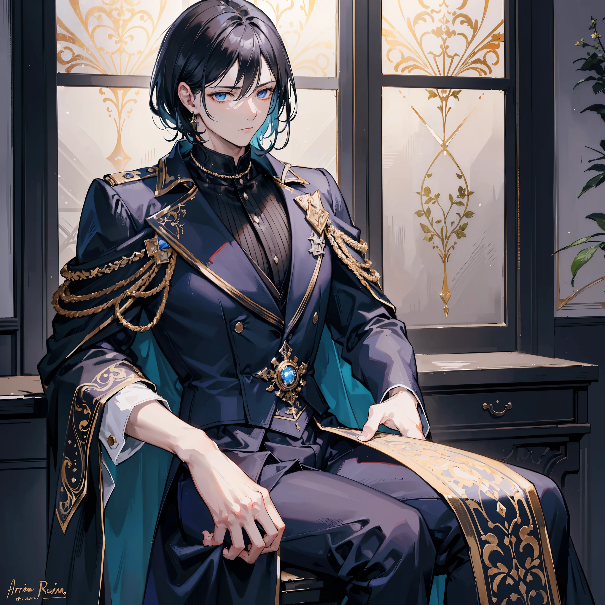 (best quality,ultra-detailed,realistic:1.37),oil painting,1 man with black hair (curtain fade cut) stands confidently in the center. His lean and muscular physique compliments his striking blue eyes. He is dressed in a black royal shirt laced with silver details, paired with black pants. A black cape gracefully falls from his broad shoulders. The painting showcases an exquisite attention to detail, capturing the textures of the fabrics and the intricate patterns on the shirt. The lighting casts a dramatic effect, illuminating the man's features and emphasizing his strong presence. The color palette is rich and deep, adding a sense of mystery and elegance to the overall composition.