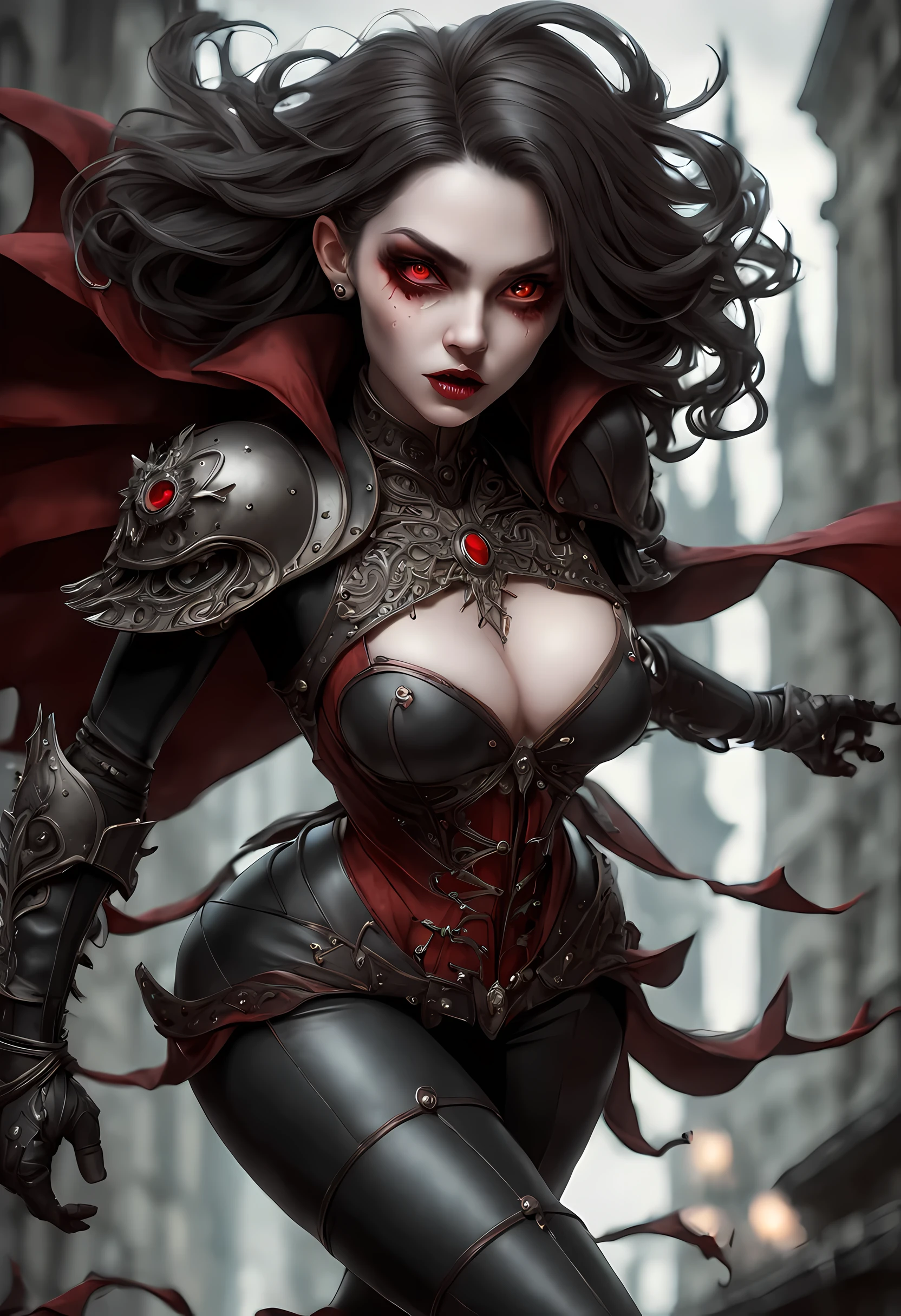 action shot, arafed, dark fantasy art, gothic art, (masterpiece:1.5), full body best details, highly detailed, best quality, highres, NeroV2, full body portrait of a vampire, elf (Masterpiece, best quality, ultra feminine: 1.5)  with a long curvy hair, dark color hair, red eyes (fantasy art, Masterpiece, best quality: 1.3), ((beautiful delicate face)), Ultra Detailed Face (intricate details, fantasy art, Masterpiece, best quality: 1.5), [visible vampiric fangs] (intricate details, fantasy art, Masterpiece, best quality: 1.5), [anatomically correct] red cloak, flowing cloak (intense details, fantasy art, Masterpiece, best quality: 1.3), wearing an intricate leather [white] dress (intricate details, gothic art, Masterpiece, best quality: 1.5), high heeled boots, blood dripping on lips, urban background (intense details, beat details), fantasy, at night light, natural ,moon light, soft moon light, moon rays, clouds, gothic atmosphere, gothic street background, bats flying in background, soft light, dynamic light, [[anatomically correct]], high details, best quality, 16k, [ultra detailed], masterpiece, best quality, (extremely detailed), dynamic angle, ultra wide shot, RAW, photorealistic
