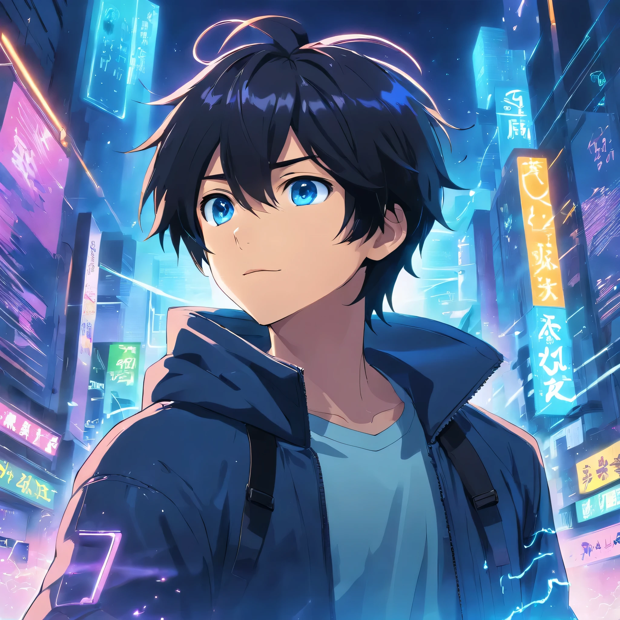 a painting that represents the essence of the cyberpunk world, com cabelo preto, vestindo jaqueta azul preta, protagonista de olhos azuis brilhantes em uma cascata de energia, with glowing particles dancing around you
