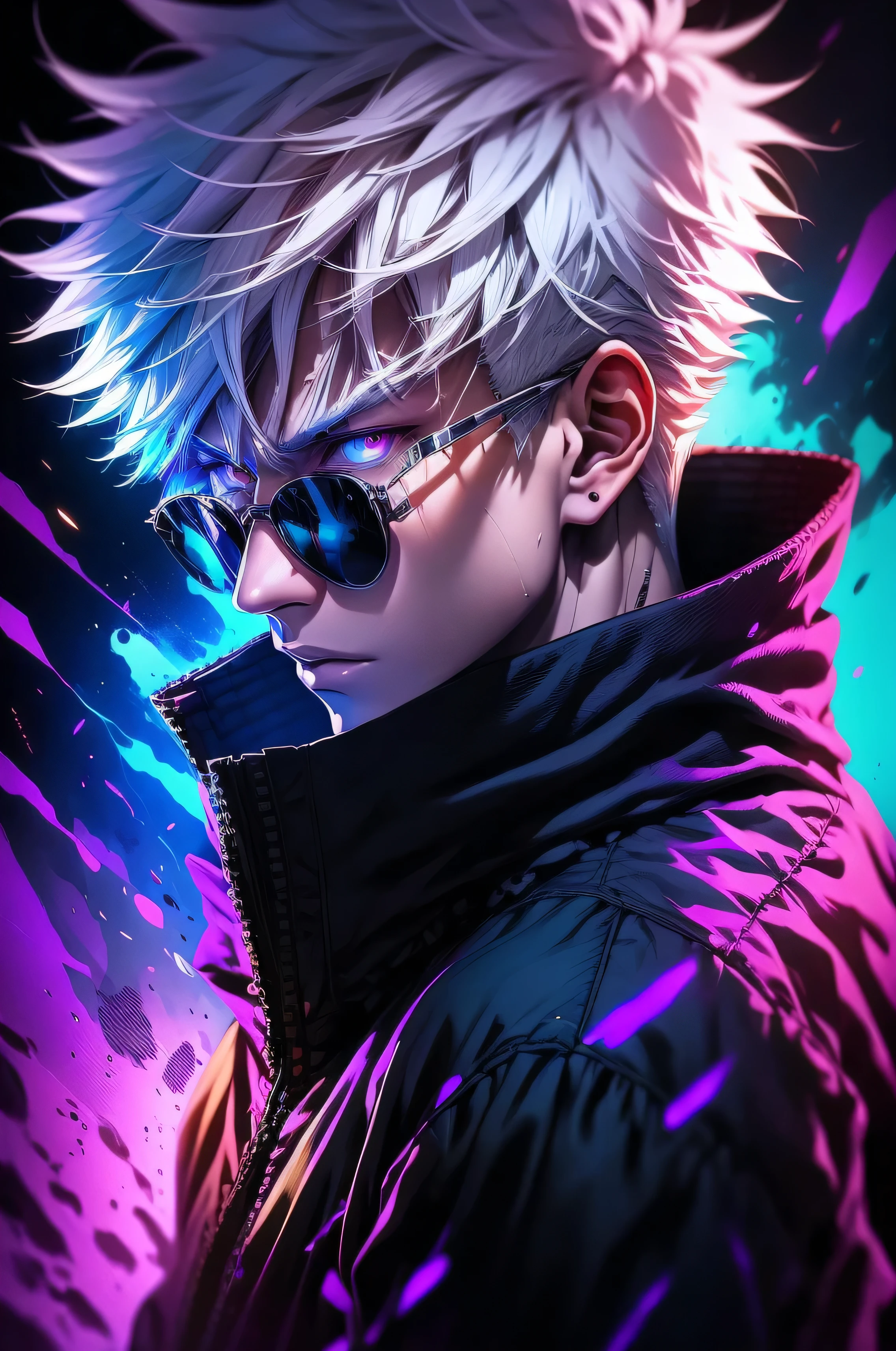 a man with white hair and a purple jacket holding a cell phone, cyberpunk art inspired by Munakata Shikō, tumblr, digital art, ufotable art style, anime wallaper, profile picture 1024px, trigger anime artstyle, badass anime 8 k, tokyo ghoul, 4k anime wallpaper, jujutsu kaisen