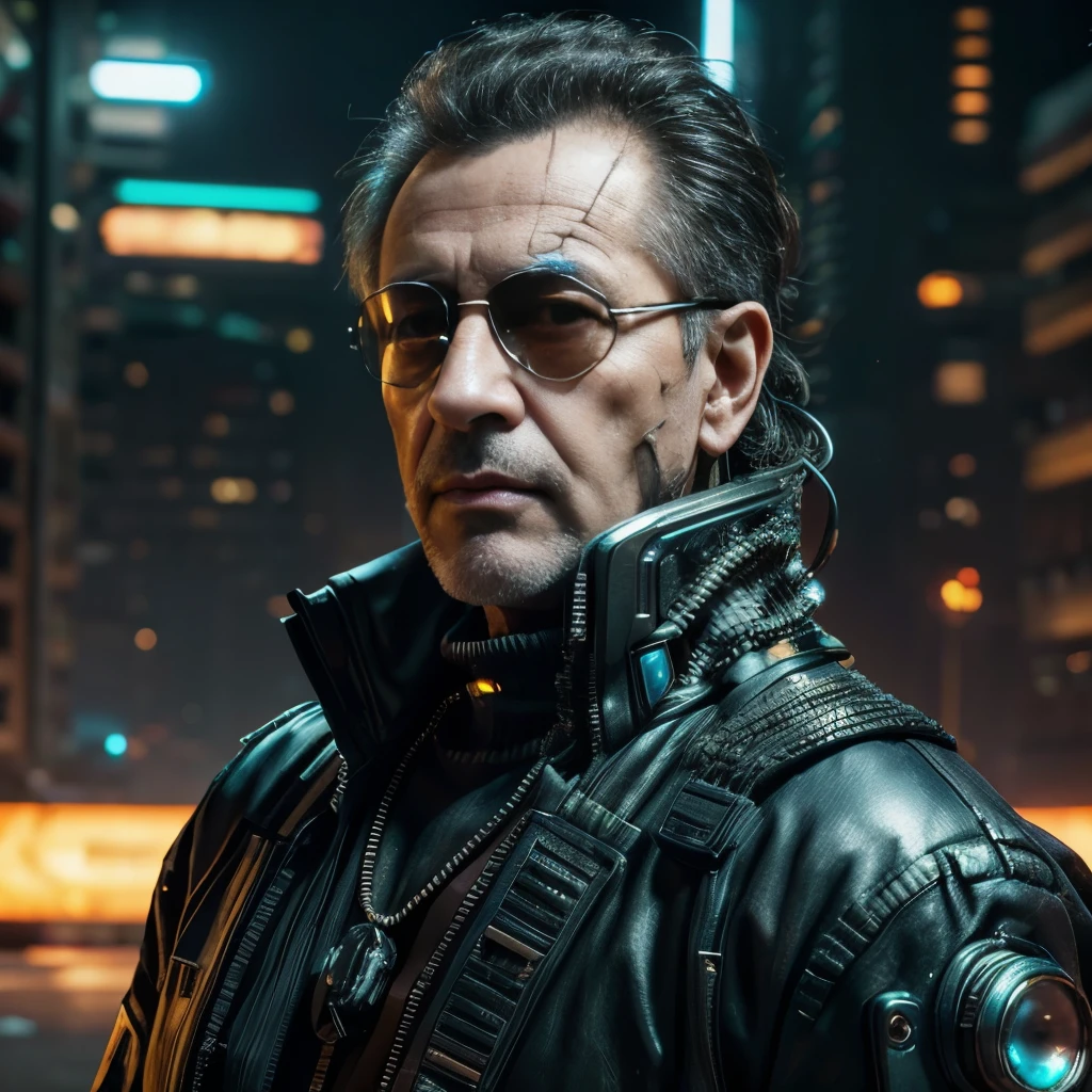 ((masterpiece, highest quality, hires, amazing detail, 8k, best quality)), cinematic, portait, closeup shot of middle aged man / Joe pesci /, wearing highly damaged battlesuit, perfect facial hair, scars, cybernetic implants, mirrorshades, in the artstyle of shirow masamune, ghost in the shell, gantz, gritty, cyberpunk background, dynamic colours