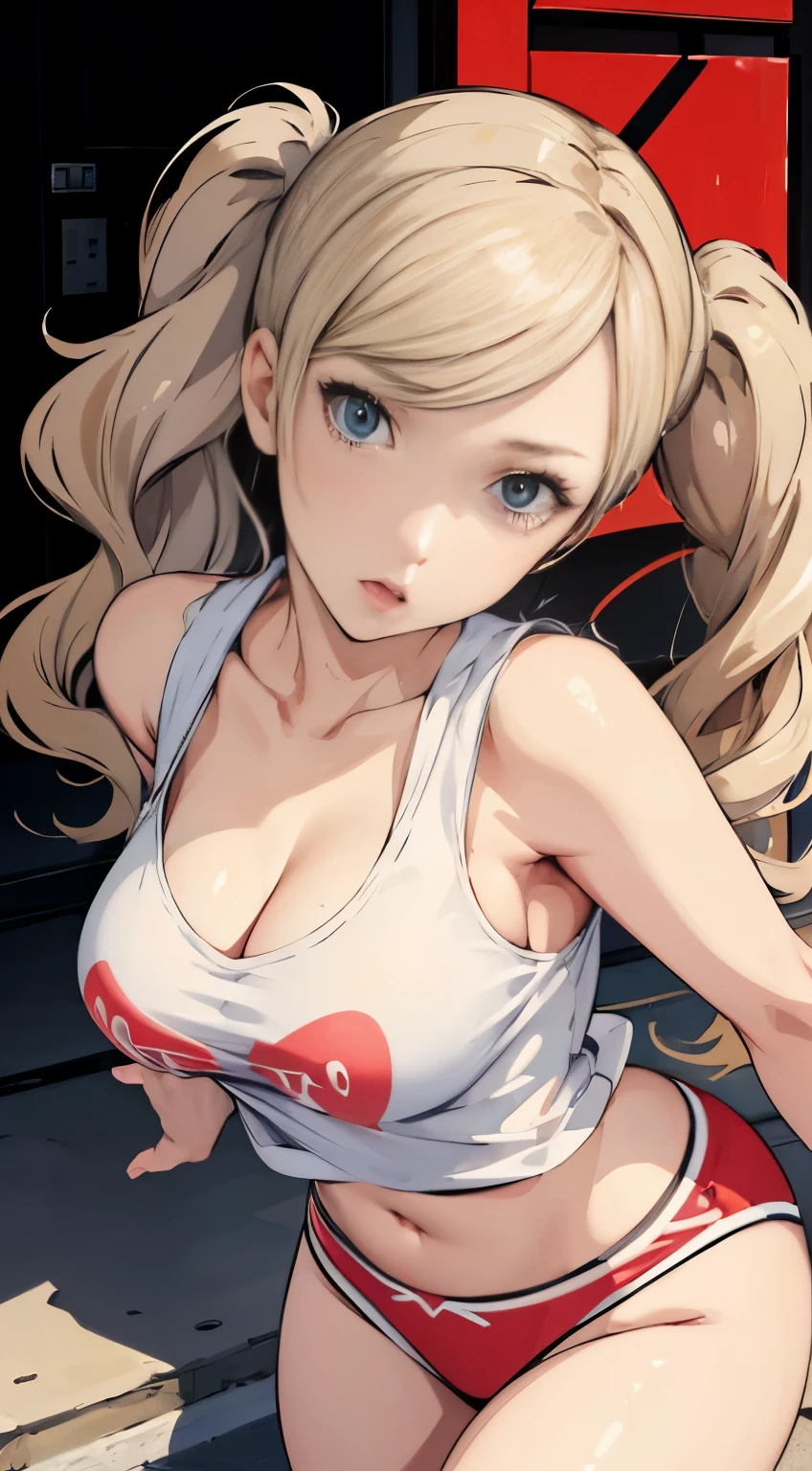 (((masterpiece))), HD 4k res image, no blur, Ann Takamaki, innocent, outdoor, wearing oversized cropped shirt