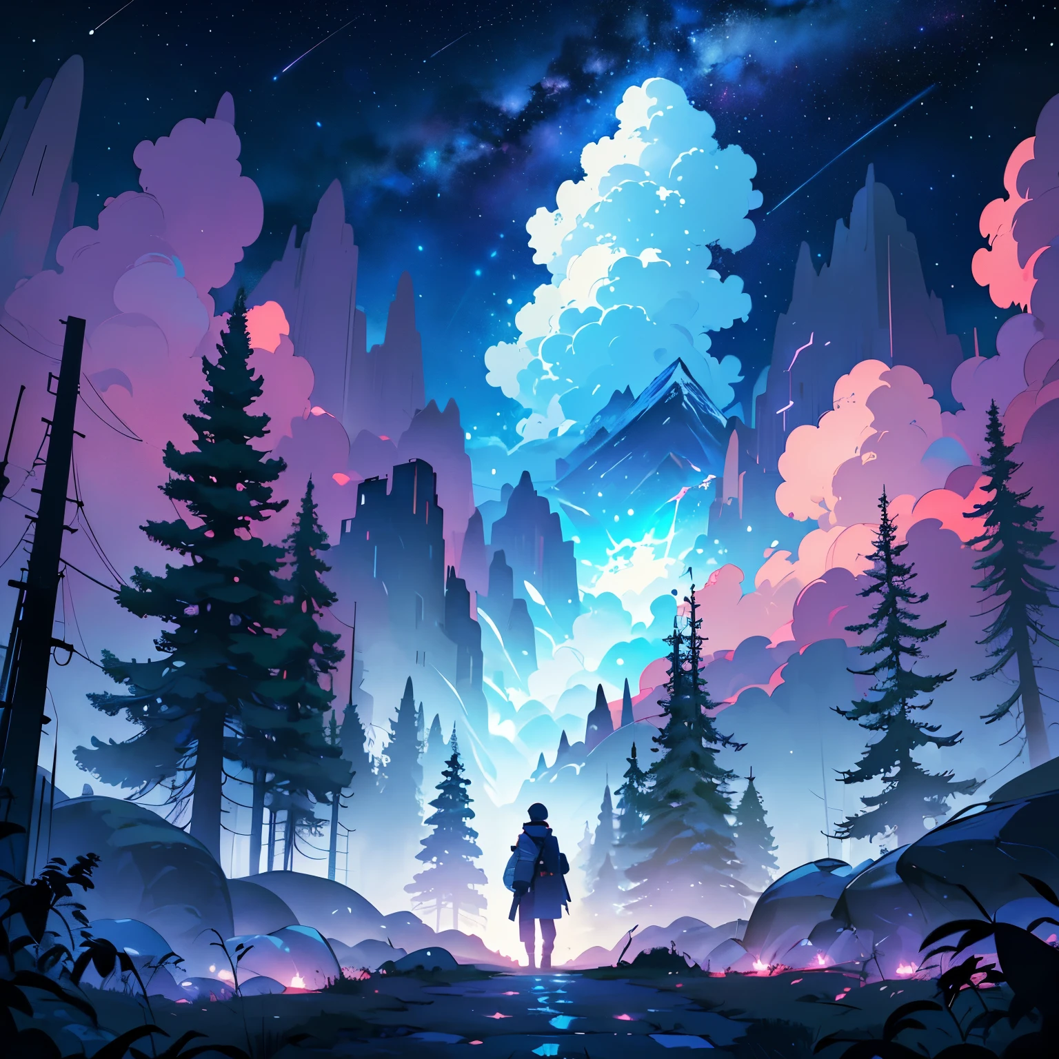 ((forest and mountain and starry sky with trip shape cloud)), space elevator, civilization, hi - tech building, Sci - fi movie, (high contrast), (vector artwork), 2D flash game, (clean color), (clear boundaries), (bright colororning or dusk sky), (explicit), (extreme sharp focusasterpiece)), (best quality), (extreme details), fine art, silhouette, tidy style, (Kurzgesagt style), by Kurzgesagt, (by Hiroshi Yoshida), (by Hasui Kawase), by Atey Ghailan, by Ismail Inceoglu