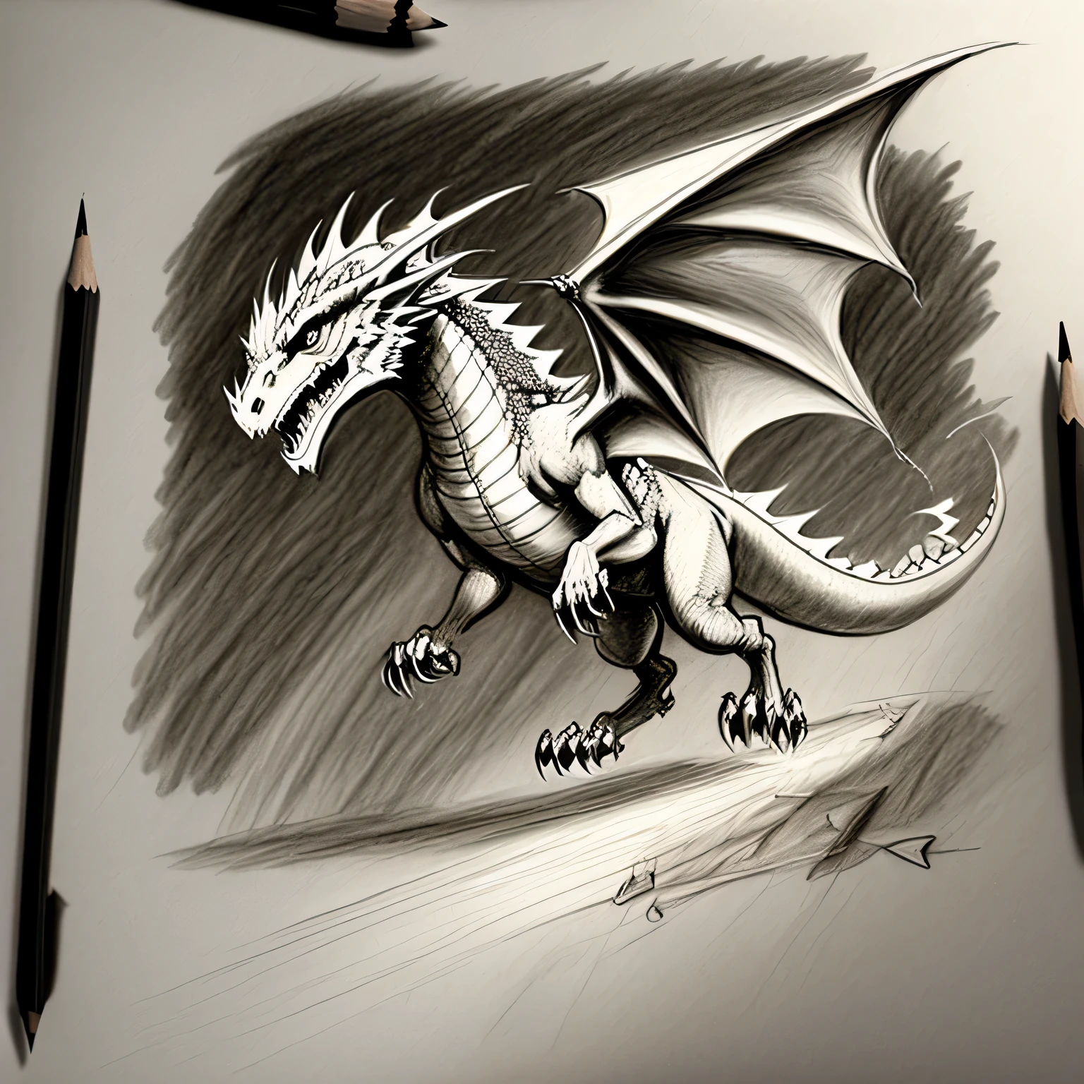 drawing a dragon ,full body in charcoal pencil paper, sketch style, scratches exposed pencil, unfinished),flying, pencil,paper,hands,legs, full body,meessy drawing,wings