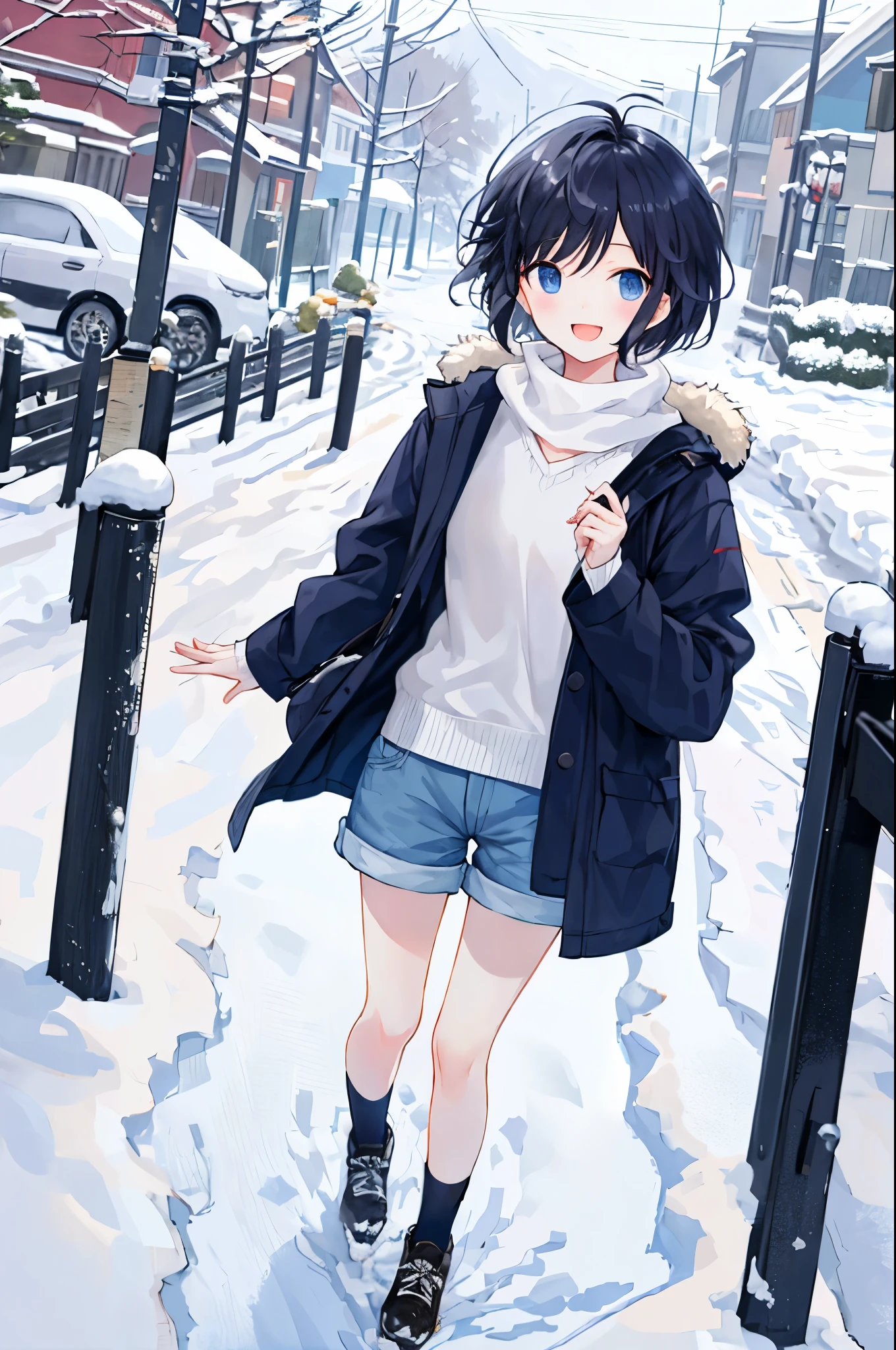 A cheerful girl despite the snow and cold、short cut hair、shorts、