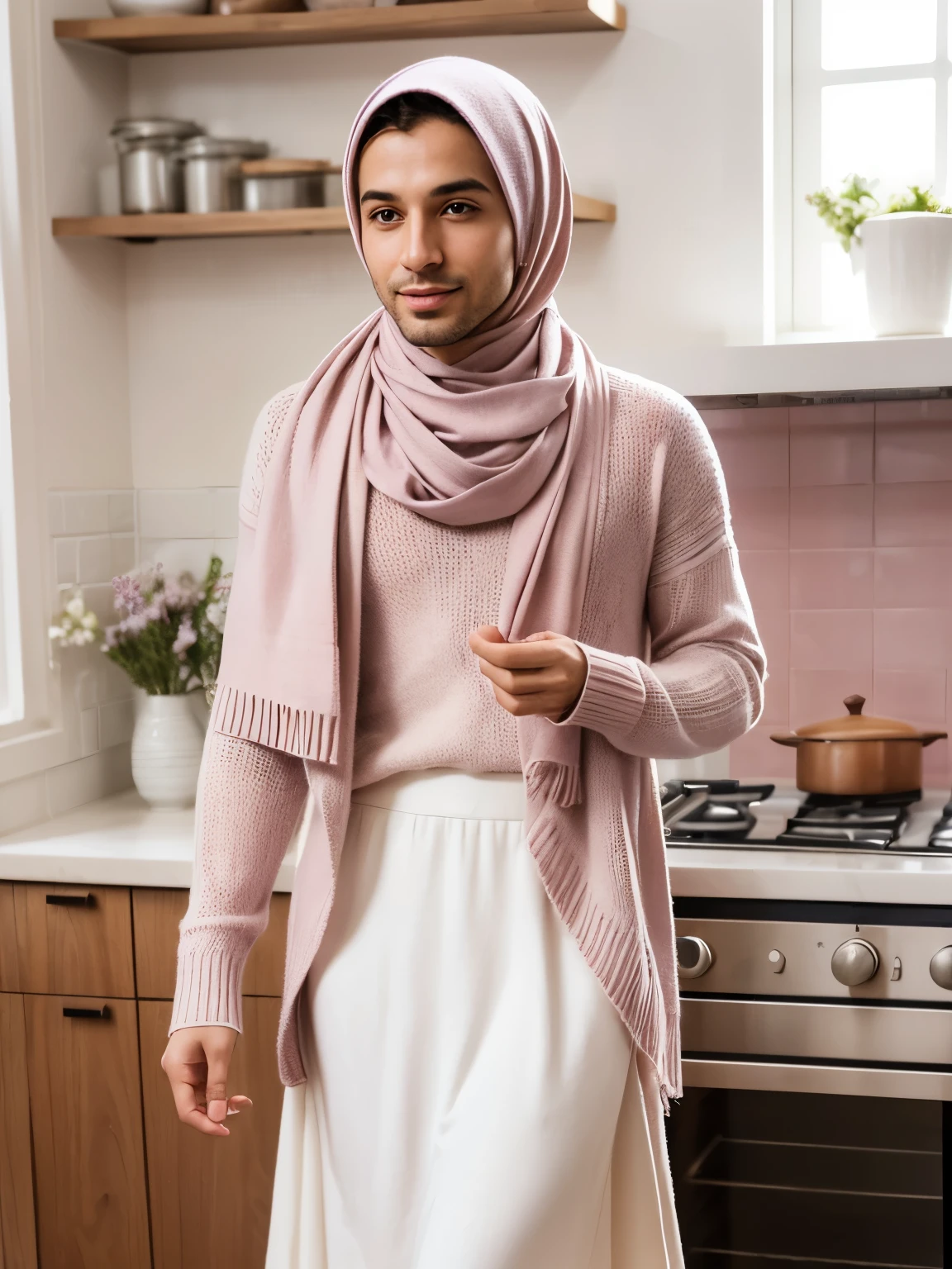 Generate an image depicting a thin, delicate man wearing a light pink pashmina hijab, a white oversized knitted sweater, and a lavender long skirt. The man should be standing femininely in a warmly lit kitchen, emanating a bright and welcoming atmosphere with a housewifely vibe, while exhibiting cute gestures and expressions.