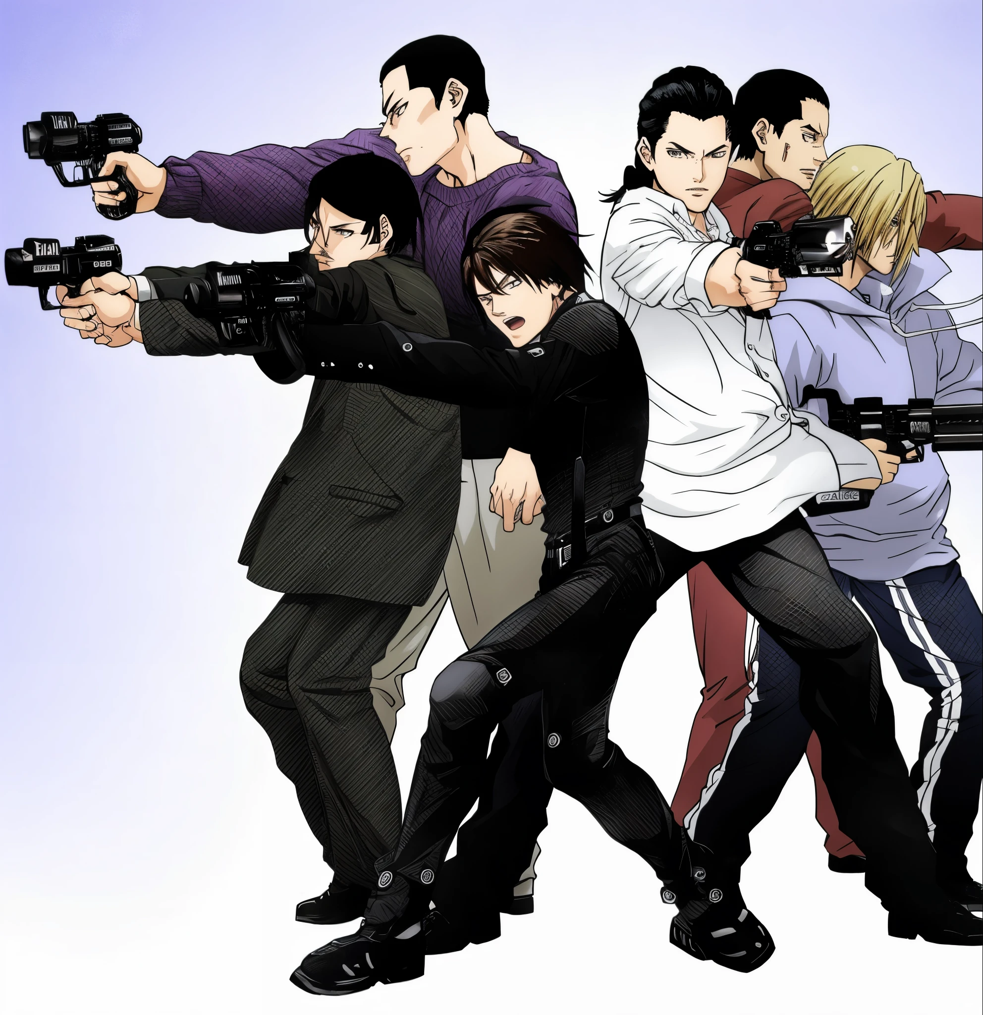 anime characters holding weapons and pointing at the camera, fanart oficial, estilo de arte gta chinatowon, complex!!, bishounen, estilo pulp comic, estilo de anime muito moderno, Gama Murata, Japanese anime style, arte em alta qualidade, fanart de alta qualidade, yakuza, no more hero concept art, !! Takeshi Amano!!, snk, agentes do filme Matrix