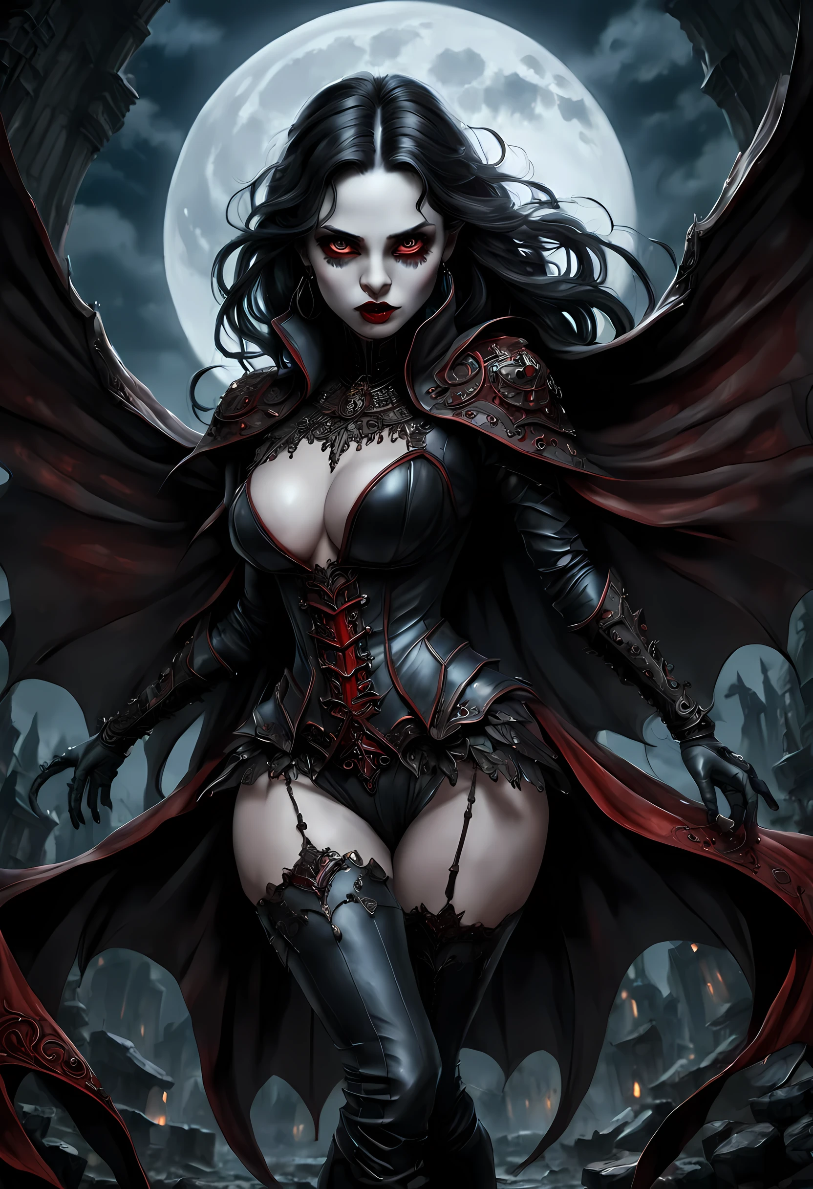 a picture of an exquisite beautiful female (nun: 1.3) vampire standing under the starry night sky on the porch of her monastary, dynamic angle (ultra detailed, Masterpiece, best quality), ultra detailed face (ultra detailed, Masterpiece, best quality), ultra feminine, (pale skin: 1.3), red hair, wavy hair, dynamic eyes color, cold eyes, glowing eyes, intense eyes, dark red lips, [fangs], wearing white nun habit (ultra detailed, Masterpiece, best quality), wearing blue cloak (ultra detailed, Masterpiece, best quality), long cloak, flowing cloak (ultra detailed, Masterpiece, best quality), wearing high heeled boots, sky full of stars background, moon, bats flying about, action shot, high details, best quality, 16k, [ultra detailed], masterpiece, best quality, (ultra detailed), full body, ultra wide shot, photorealism, dark fantasy art, dark fantasy art, gothic art, many stars, dark fantasy art, gothic art, sense of dread, bloodmagic