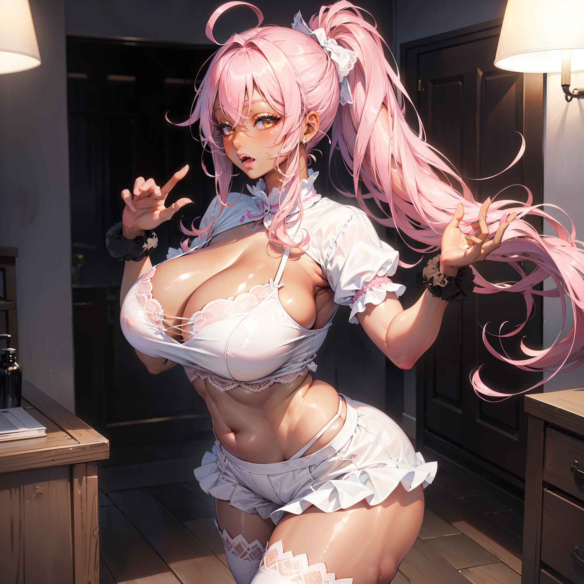 ((((1girl)))), pink hair, ahoge, (curly hair), ((very long hair)), ((half-closed eyes)), bear ears, (((fang))), ((((((dark skin)))))), ((huge breasts)), ((brown eyes)), (thick thighs), ((thick lips)), ((wide hips)), (thighhighs), ((lace)), ((((gyaru outfit)))), ((crop-top)), ((leg warmers)), ((one-sided ponytail)), ((lash extensions)), ((plump lips)), ((fat lips)), ((long eyelashes)), super detailed, ((cleavage)), ((best quality)), highres, UHD, textured skin, ((pink)), ((indoor)), ((dynamic pose)), ((perfect hands)),