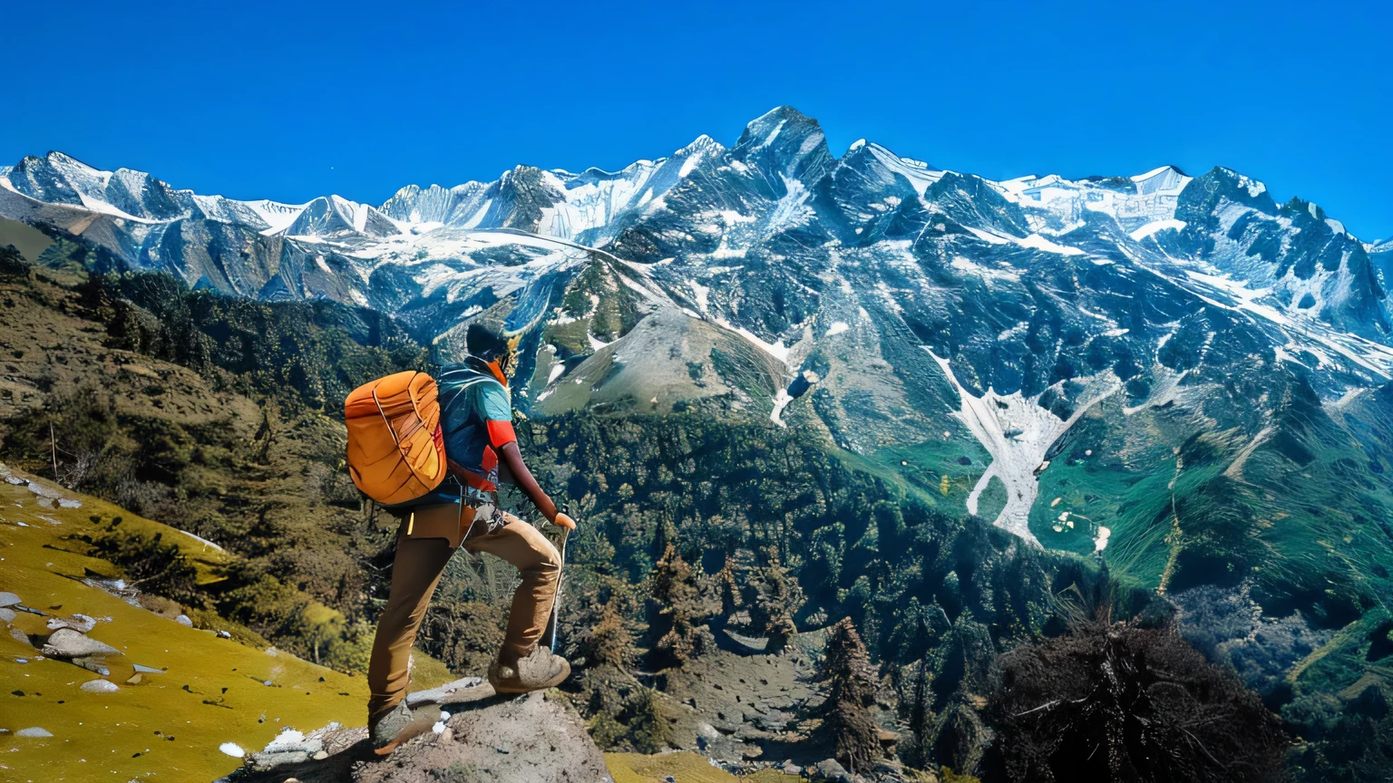 there is a man standing on a rock with a backpack on, solo hiking in mountains trees, breathtaking himalayan landscape, a wanderer on a mountain, high in mountains, standing on mountain, looking at the mountains, standing in front of a mountain, high in the mountains, uttarakhand, in the midst of high mountains, peak experience ”, towering over your view, in mountains