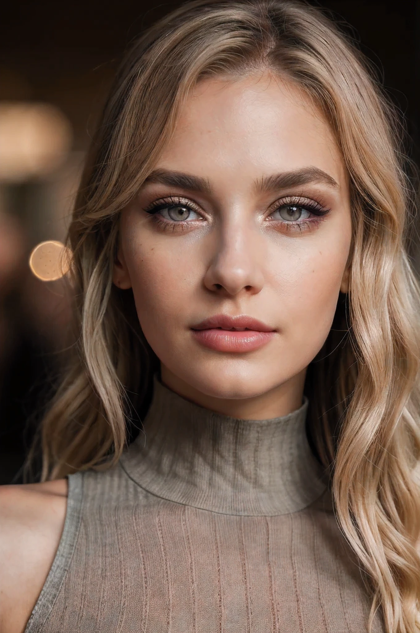 beautiful detailed eyes,beautiful detailed lips,extremely detailed eyes and face,longeyelashes,shoulder, half body,sleeveless turtleneck top,autumn lights,blond curly hair,pastel colors, (best quality,4k,8k,highres,masterpiece:1.2),ultra-detailed,(realistic,photorealistic,photo-realistic:1.37),portrait