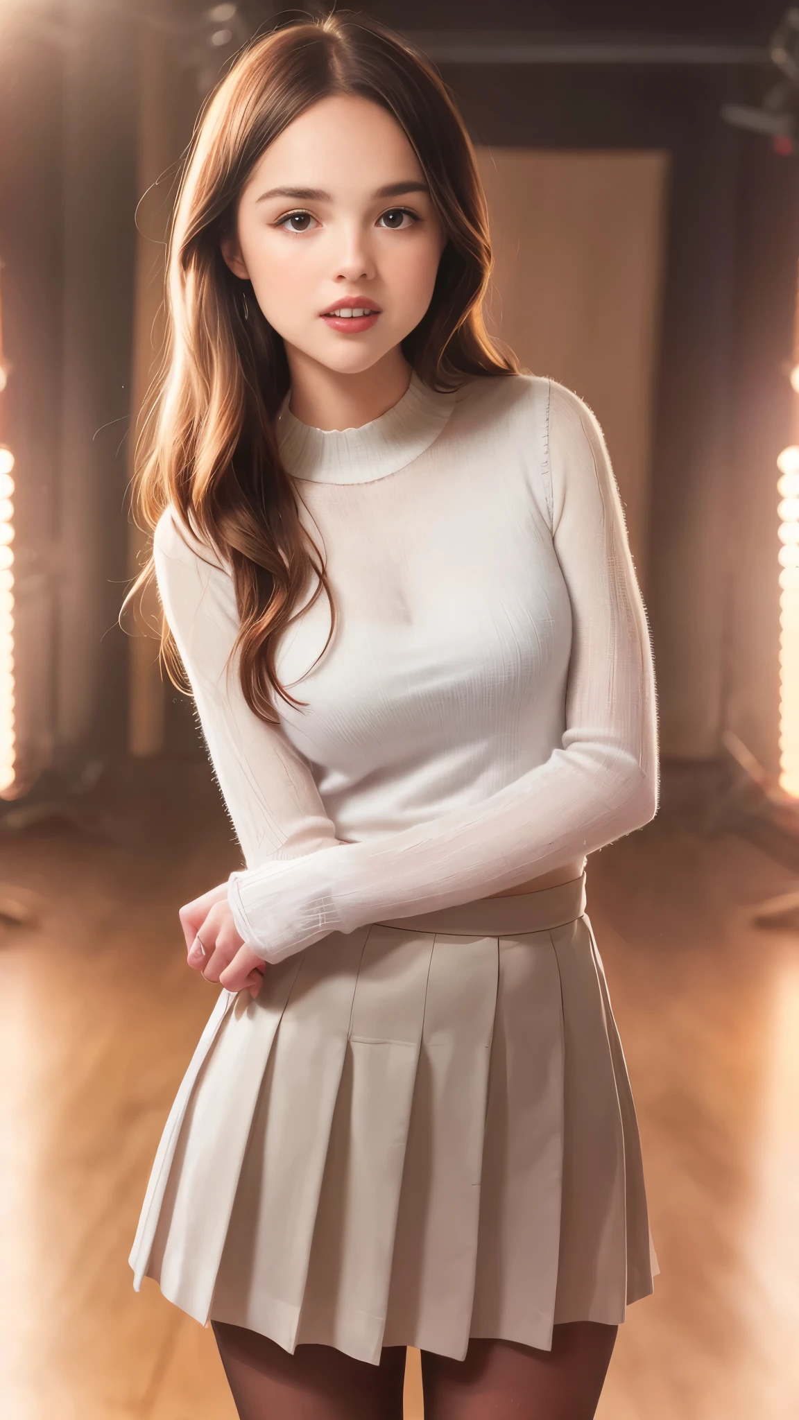 13 year old Zoey Deutch, pleated skirt, tights, portraits, ultra-detailed, realistic colors, beautiful detailed eyes, beautiful detailed lips, long eyelashes, blonde hair, expressive face, adorable smile, adorable appearance, playful pose, 4k resolution, vibrant colors, studio lighting, bokeh