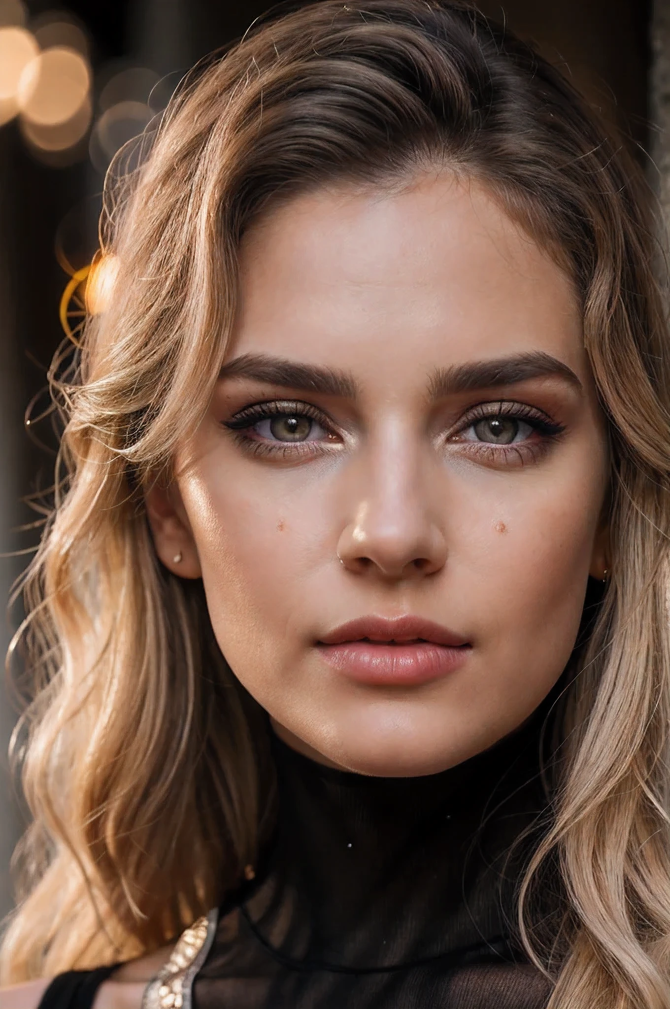 beautiful detailed eyes,beautiful detailed lips,extremely detailed eyes and face,longeyelashes,shoulder, half body,sleeveless turtleneck top,autumn lights,blond curly hair,pastel colors, (best quality,4k,8k,highres,masterpiece:1.2),ultra-detailed,(realistic,photorealistic,photo-realistic:1.37),portrait