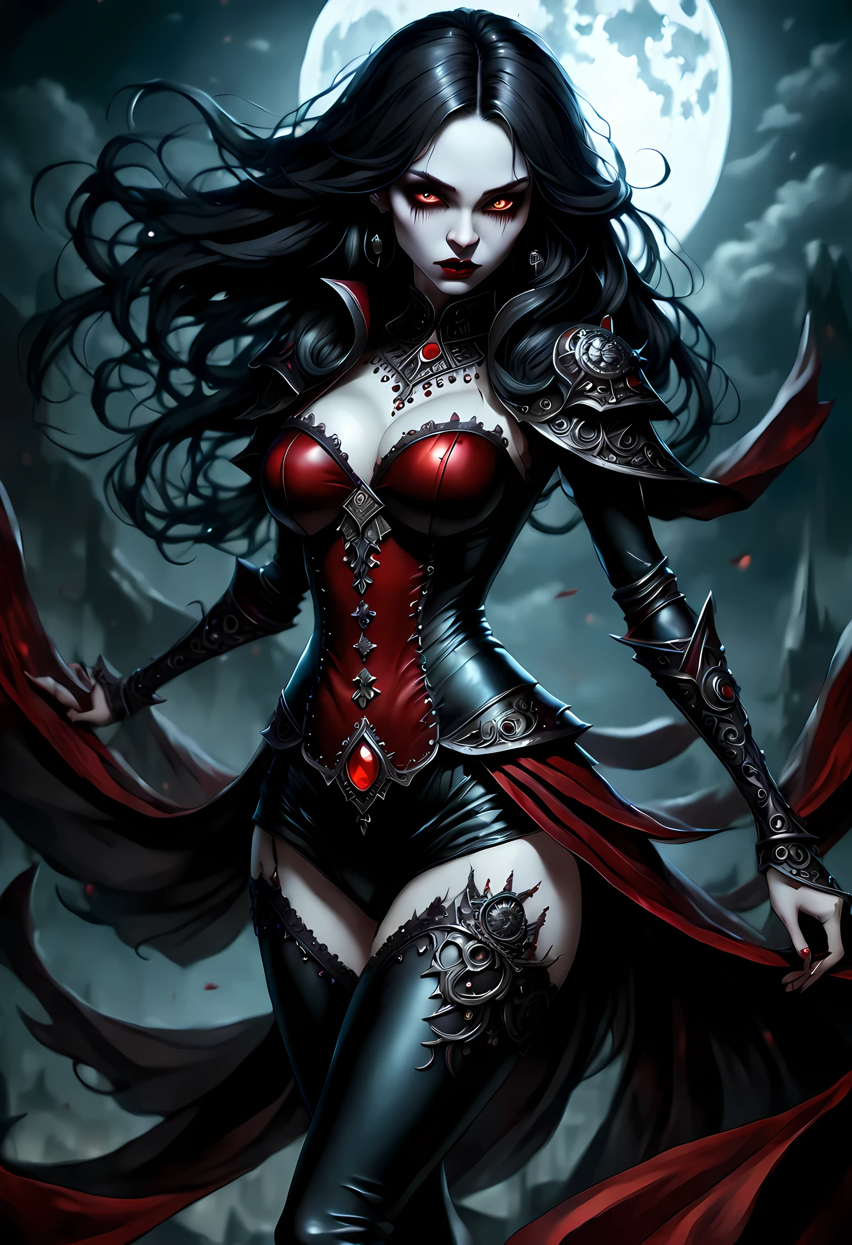 action shot, arafed, dark fantasy art, gothic art, (masterpiece:1.5), full body best details, highly detailed, best quality, highres, NeroV2, full body portrait of a vampire, elf (Masterpiece, best quality, ultra feminine: 1.5)  with a long curvy hair, dark color hair, red eyes (fantasy art, Masterpiece, best quality: 1.3), ((beautiful delicate face)), Ultra Detailed Face (intricate details, fantasy art, Masterpiece, best quality: 1.5), [visible vampiric fangs] (intricate details, fantasy art, Masterpiece, best quality: 1.5), [anatomically correct] red cloak, flowing cloak (intense details, fantasy art, Masterpiece, best quality: 1.3), wearing an intricate leather [white] dress (intricate details, gothic art, Masterpiece, best quality: 1.5), high heeled boots, blood dripping on lips, urban background (intense details, beat details), fantasy, at night light, natural ,moon light, soft moon light, moon rays, clouds, gothic atmosphere, gothic street background, bats flying in background, soft light, dynamic light, [[anatomically correct]], high details, best quality, 16k, [ultra detailed], masterpiece, best quality, (extremely detailed), dynamic angle, ultra wide shot, RAW, photorealistic