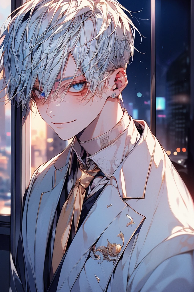 1kpop boy with tatoos, thin body, blue eyes, messy white, cute smile, white fade cut hair, business suit, jacket, white shirt, necktie, pants, best quality, hires, detailed face, office, buildings from window, detailed background, diffused sunlight, depth of field, bokeh, golden hour photographic shot