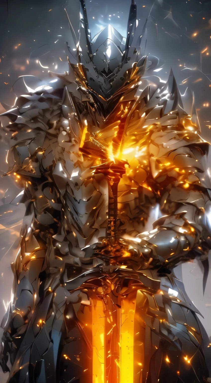 arafed knight in armor standing in a dark room with a sword, black fire color reflected armor, cyberpunk flame suit, berserk skullknight black armor, heavy metal armor, cybernetic flame armor, black heavy armor, corrupted armor, cybernetic fire armor, full body x-force outfit, heavy sliver armor, spiked scrap metal armorClose-up of a man with a sliver sword, glowing Gold soul blade, Glowing sword, glowing sword in hand, intricate glowing mecha armor, sleek glowing armor, Amazing 8K character concept art, style of duelyst, krenz cushart and artem demura