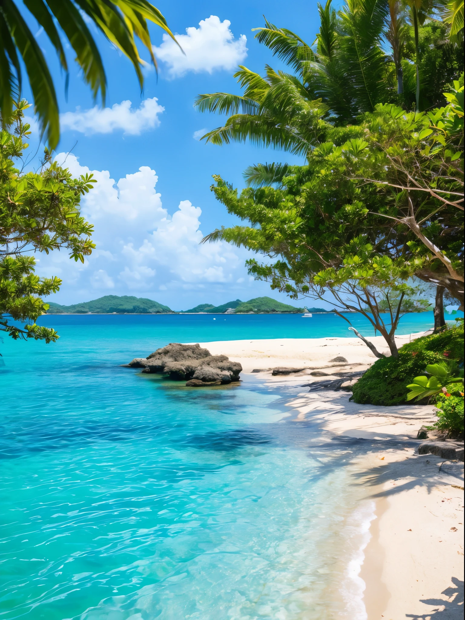 A view of a beach with a body of water and trees - SeaArt AI