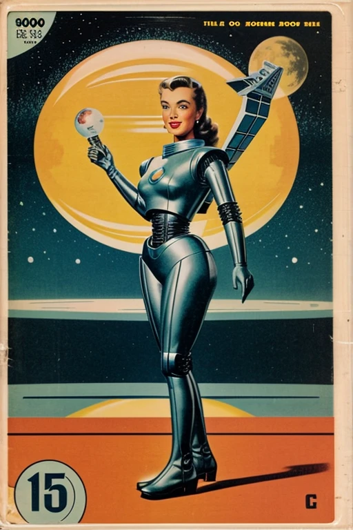 image from an old 1950s TV series similar to an old science fiction book cover, including a robot, um aventureiro espacial, uma princesa espacial e pelo menos um Disco Voador