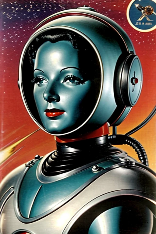 image from an old 1950s TV series similar to an old science fiction book cover, including a robot, um aventureiro espacial, uma princesa espacial e pelo menos um Disco Voador