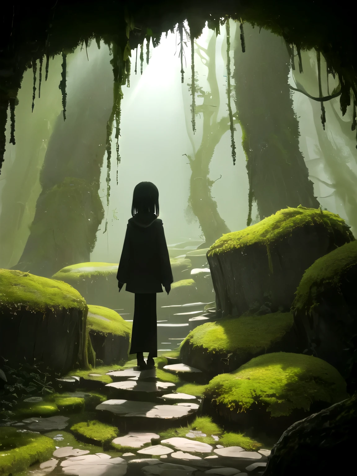 　inside the cave、As a grown man, I sigh and、i stood up again。Apparently I just happened to be wishing for an adventure.、It would be best to work on it。
　The only light source is the light moss、The eyes are well adapted to dim light.、You can now see the light coming from the fluorescent moss clumps growing on the stones.。Not that many、I was pretty sure I wouldn&#39;t hit a wall again.。
　So suddenly、the light gets darker、a shadow fell in front of me。Looking back、I saw a pair of big, round, black eyes staring right at me.。Behind it is the width of my hand、The silhouette of a long, slender body about the length of your forearm.、It was clinging to a large lump of moss with its six thin legs.。it clicked quietly。