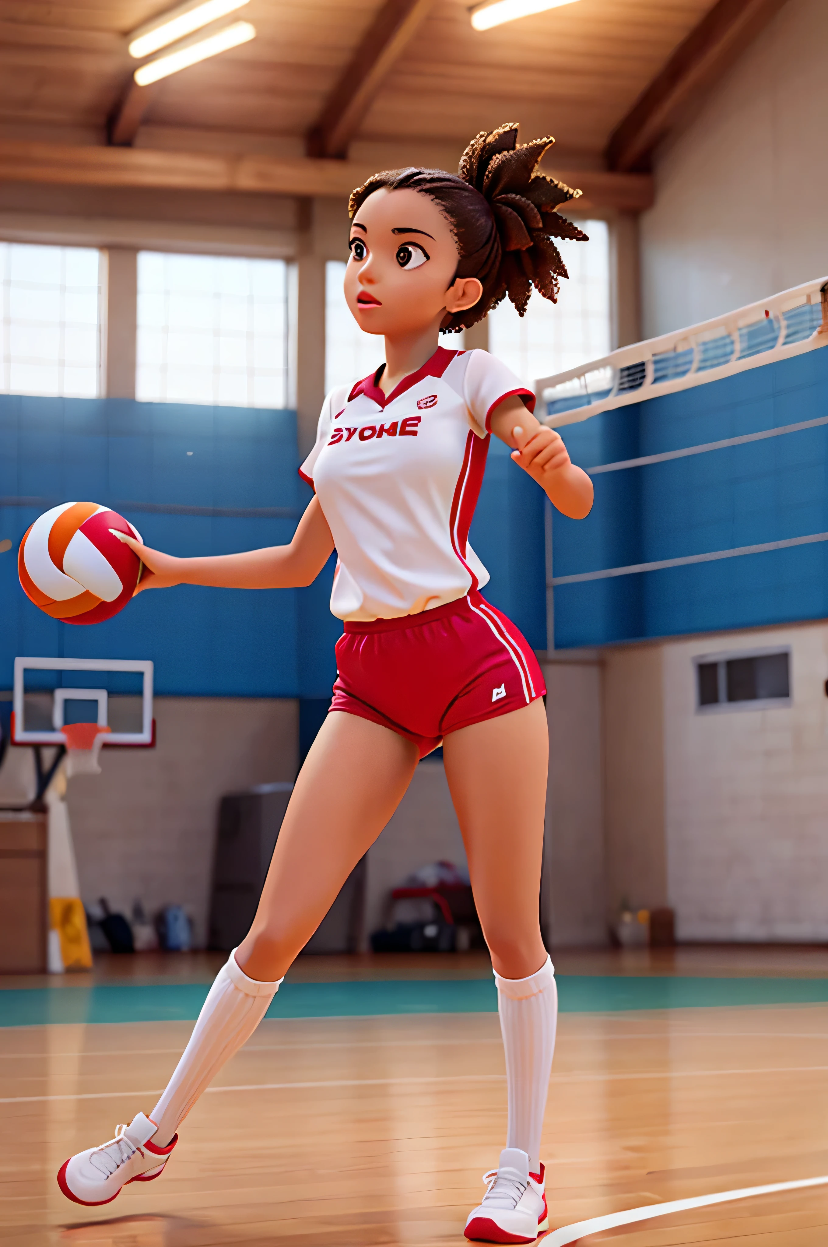 Crie um personagem de alta qualidade, Woman playing English volleyball, em uma quadra