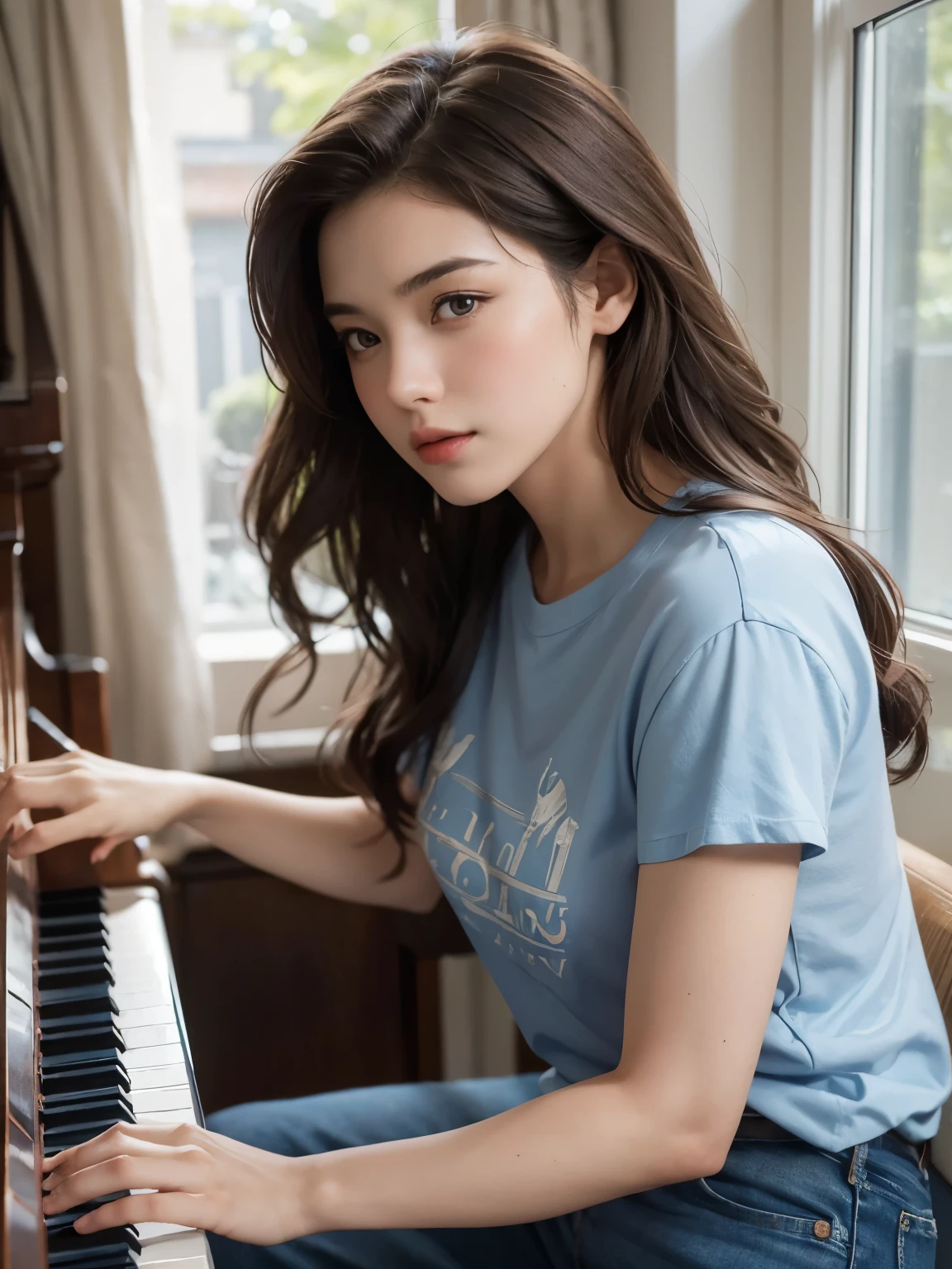 A beautiful woman playing the piano. Twenties. Dark brown hair. The season is summer. Wearing a T-shirt and blue jeans. There is a piano by the window.