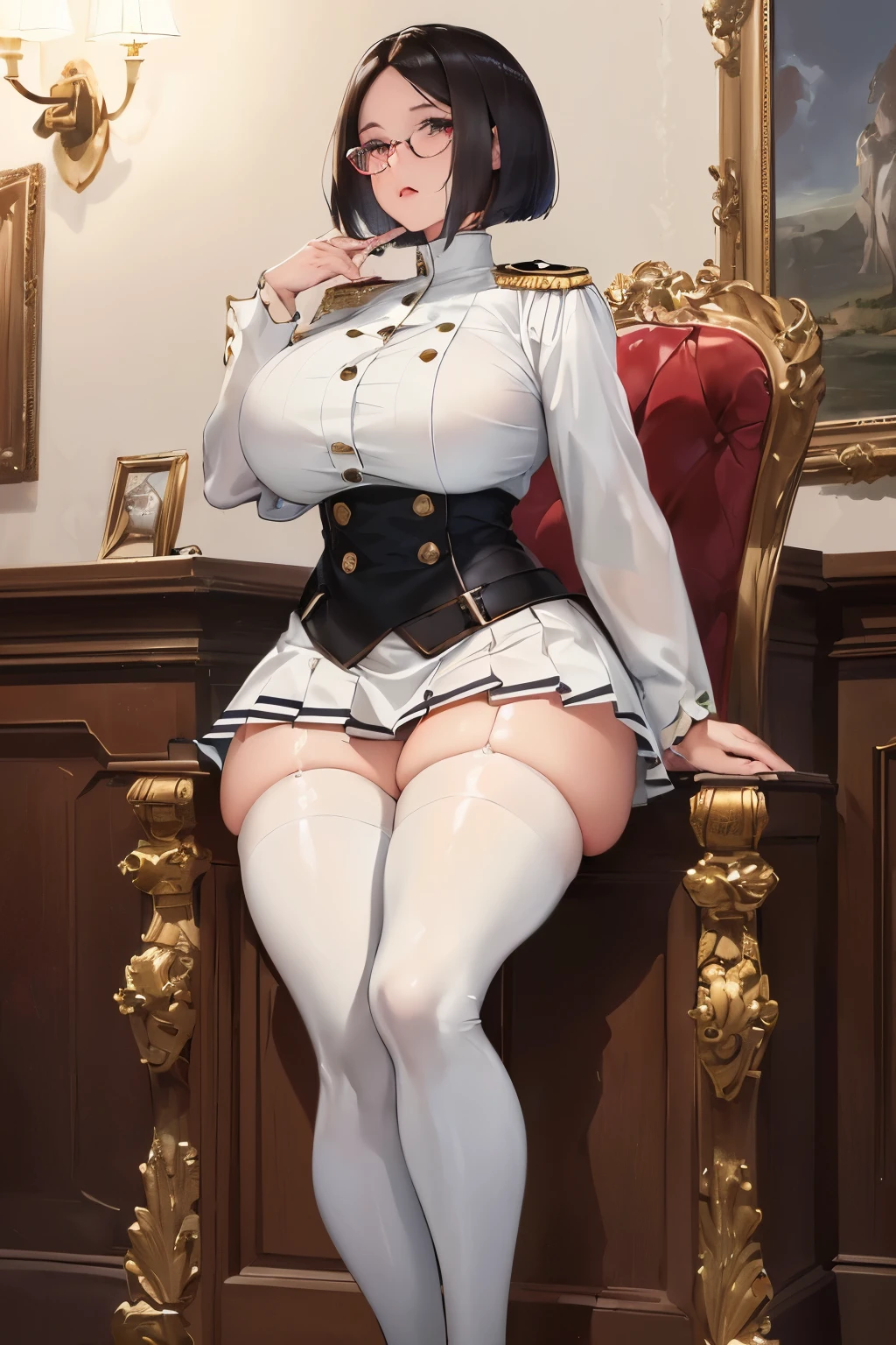 Elaborate CG artwork, (best quality, exquisite detailing, absolute masterpiece), (Full body image from below), (Plus size model with an imposing presence), (White tight military uniform and white pleated mini skirt, accentuating her curves), (White high-heeled thigh boots, adding to her allure), (Dark skin radiant with a healthy glow), (Short hair, Graduation Bob framing her face perfectly), (Beautiful with a mature and captivating face), (Detailed beautiful face, every line and wrinkle telling a story), (Very detailed eyes, seductive and sharp, framed by her glasses). (Dark, shorth hair, experimenting with a