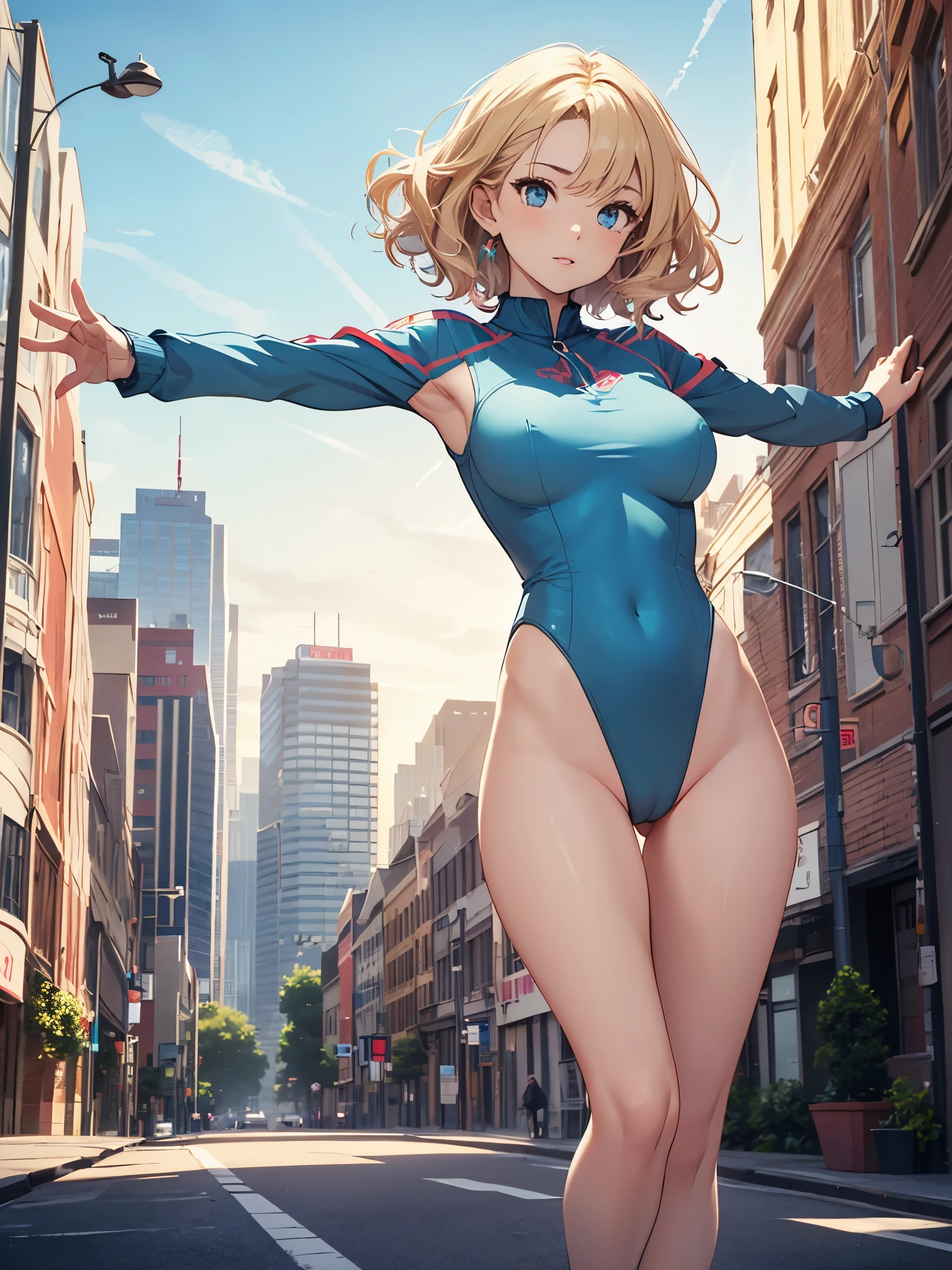 (((pixel-perfect, detail-perfect))), 1girl, medium breasts, suit, ((leotard, highleg leotard, light blue leotard)), bare legs, shoes, city backdrop, solo, single, outstretched arms, standing, spins fast in place like a tornado, tornado winds, speed lines, motion blur, full body shot, cowboy shot, beautiful detailed eyes, blonde hair, short hair, wavy hair, high school backdrop, outdoors, mature lady, teacher, perfect body, good proportions, 