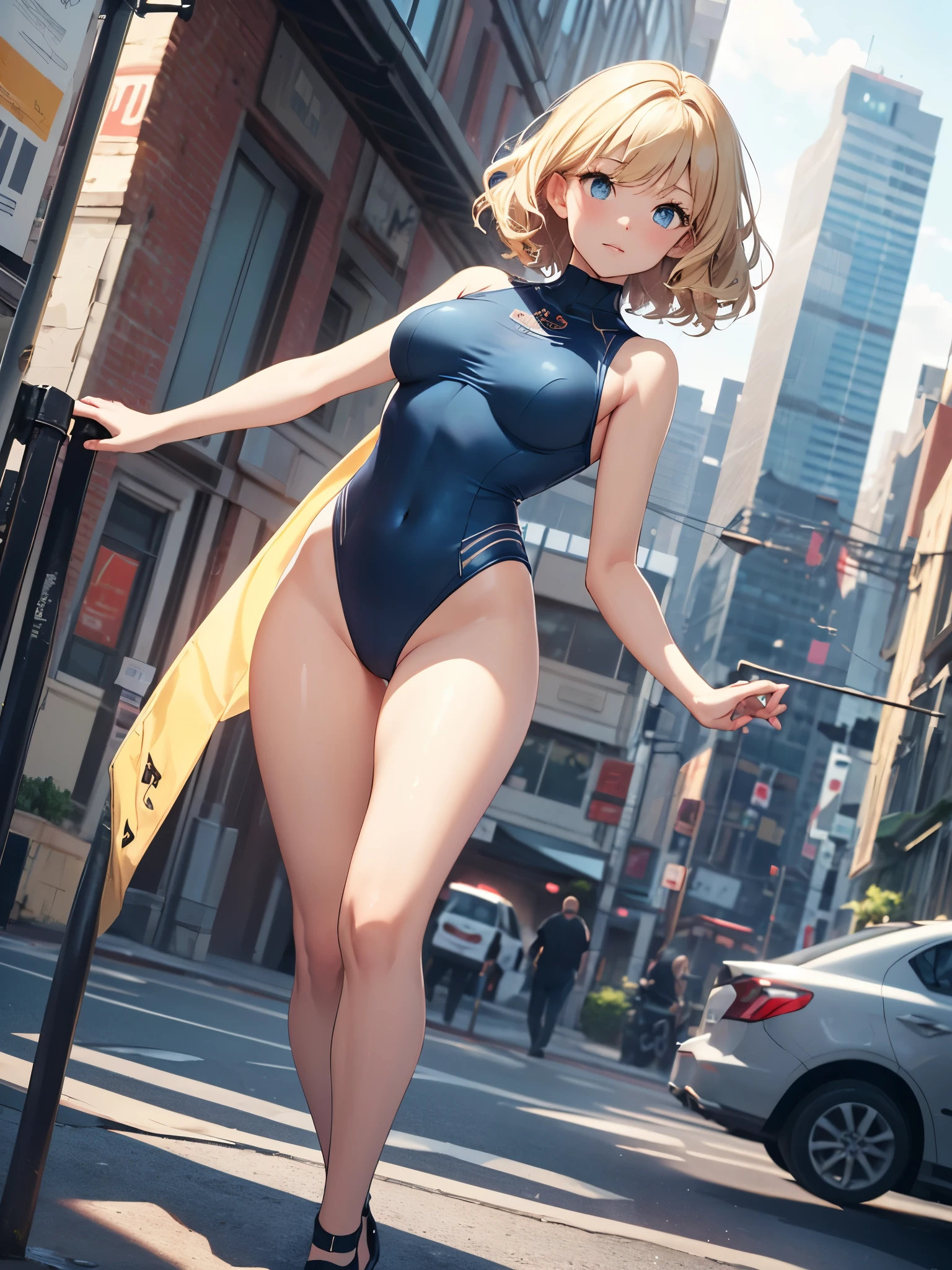 (((pixel-perfect, detail-perfect))), 1girl, medium breasts, suit, ((leotard, highleg leotard, light blue leotard)), bare legs, shoes, city backdrop, solo, single, outstretched arms, standing, spins fast in place like a tornado, tornado winds, speed lines, motion blur, full body shot, cowboy shot, beautiful detailed eyes, blonde hair, short hair, wavy hair, high school backdrop, outdoors, mature lady, teacher, perfect body, good proportions,