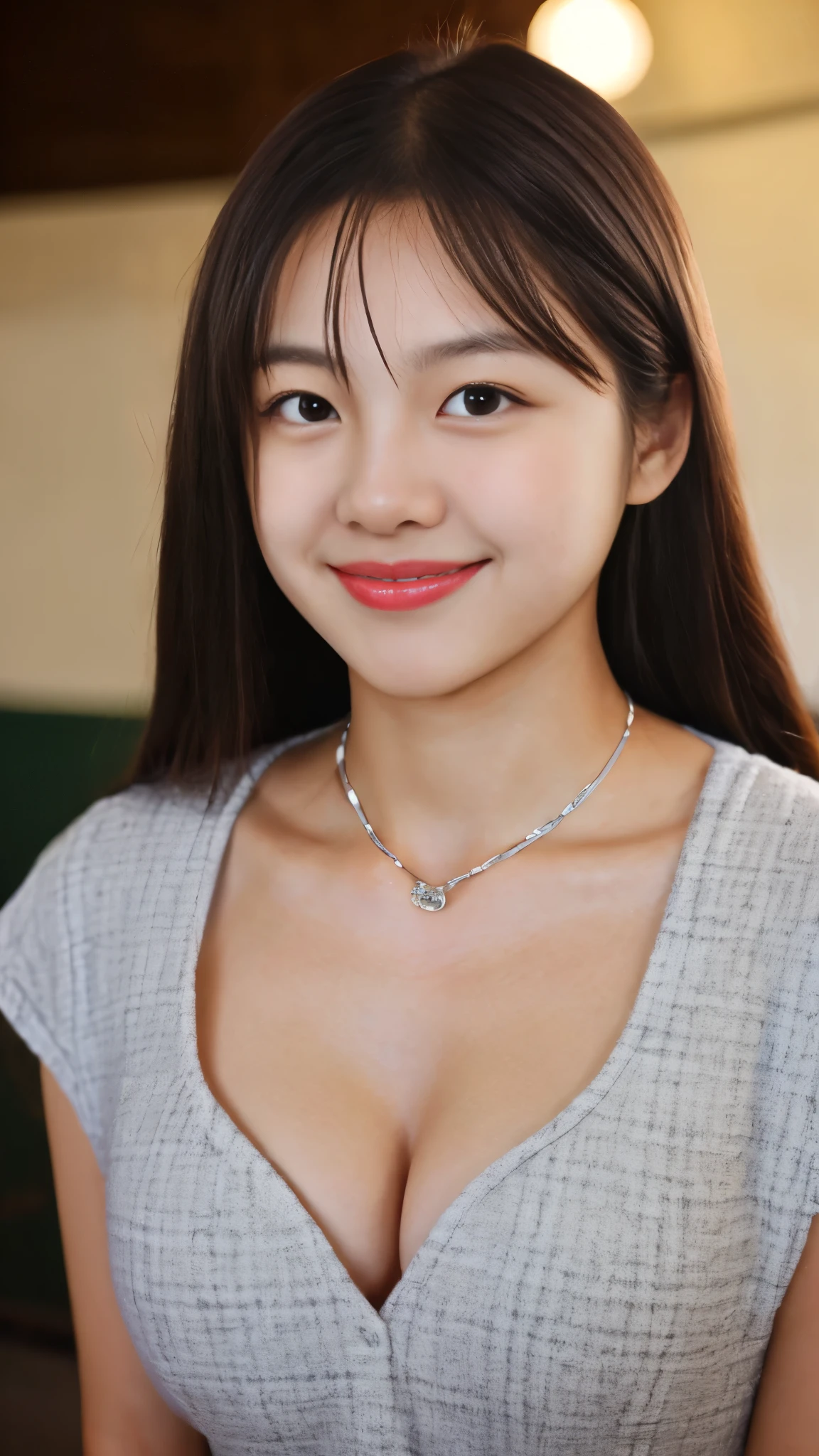 13 year old Bang Eun Jung, dress, small cleavage, school, classroom, ultra-detailed, realistic colors, beautiful detailed eyes, beautiful detailed lips, long eyelashes, expressive face, adorable smile, adorable appearance, 4k resolution, studio lighting, (high angle shot: 1.2)