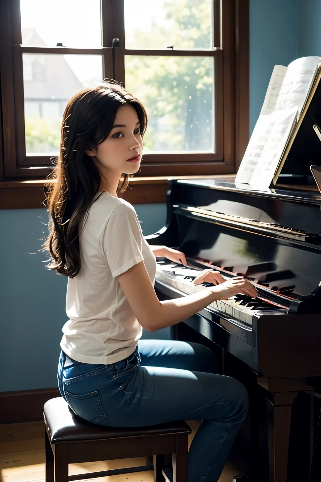 A beautiful woman playing the piano. Twenties. Dark brown hair. The season is summer. Wearing a T-shirt and blue jeans. There is a piano by the window.