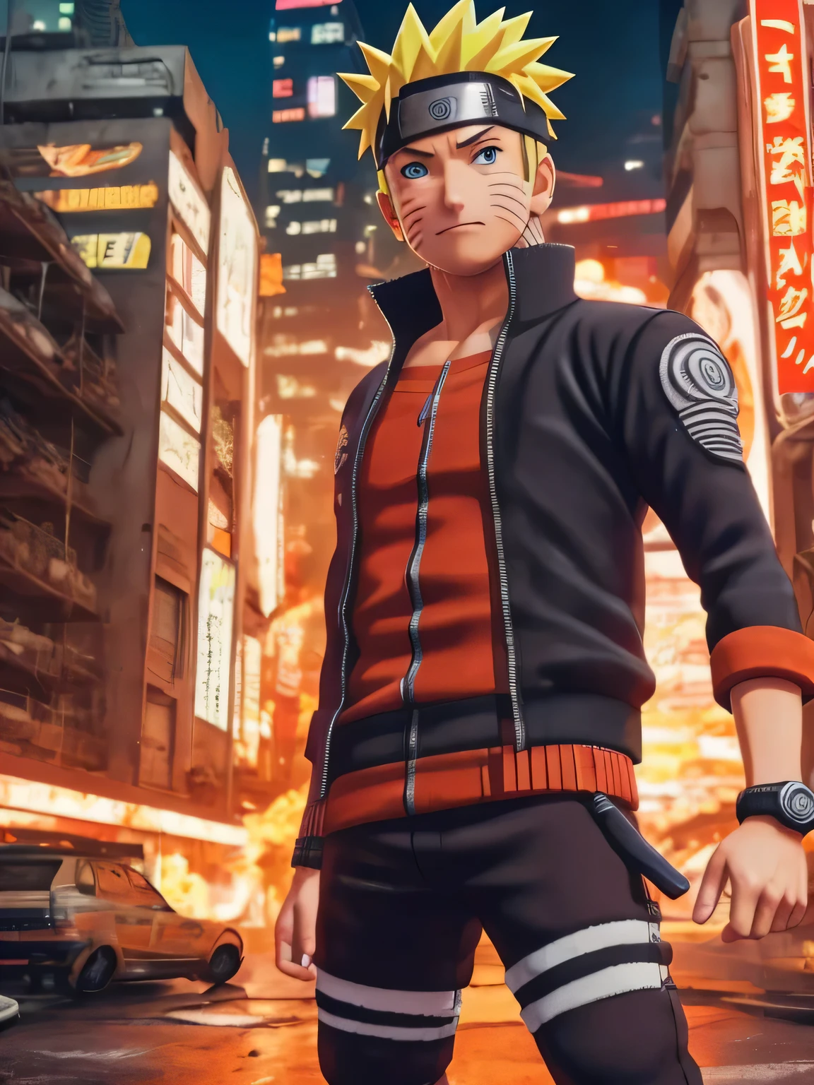 (Photorealistic:1.4) image of a Naruto Uzumaki, (top-quality, 8K, 32K, masterpiece), (dynamic pose), ((facing camera)), (looking at camera), cowboy shot, colorful cyberpunk clothing, depth of field f/1.8, cyberpunk city background, orange color, cinematic lighting.